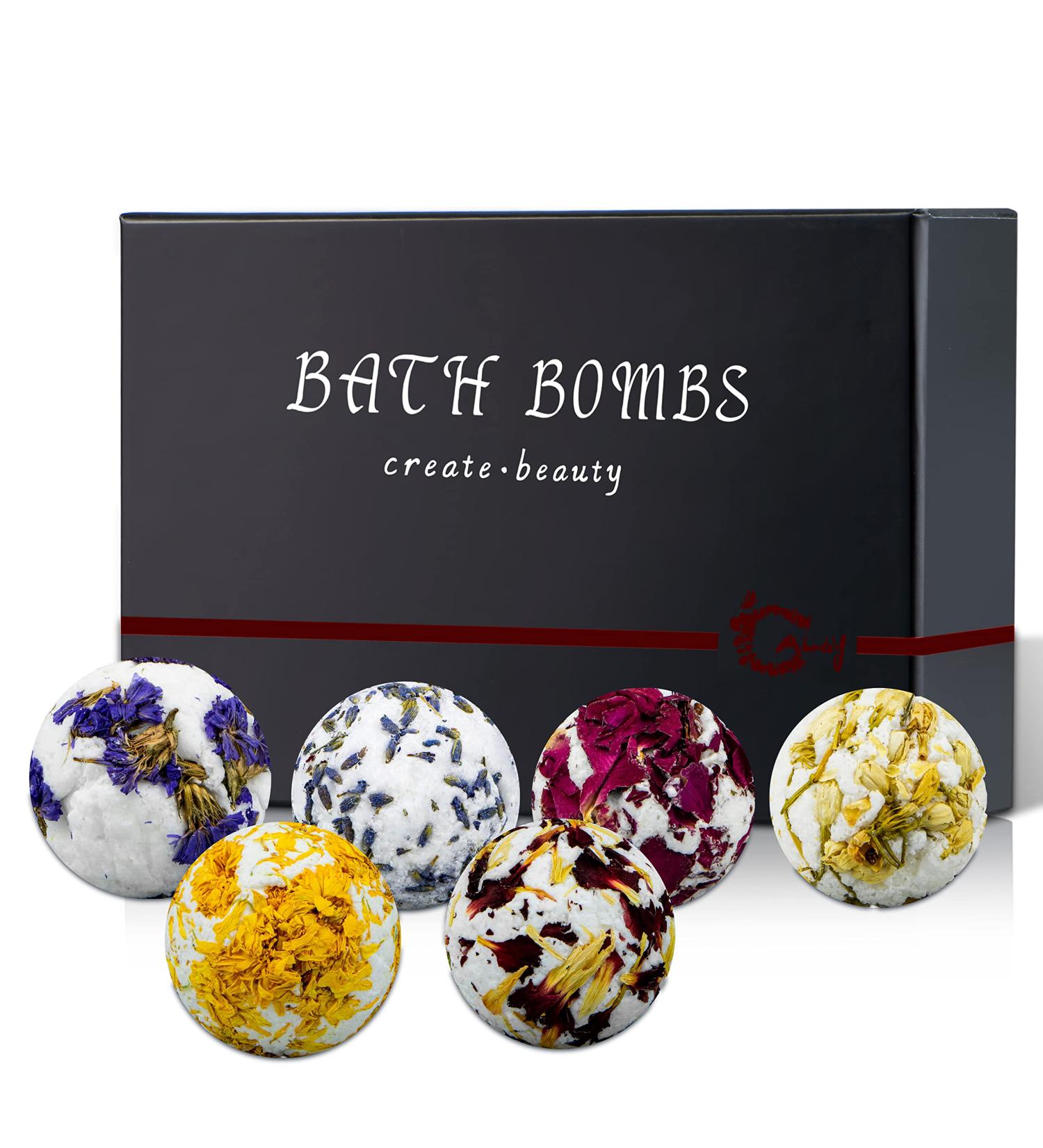 Organic Flower Bath Bombs - 6pc Relaxing Gift Set with Essential Oils & Flower Petals for Skin Hydration and Fragrant Therapy - Buy Online on GoSupps.com