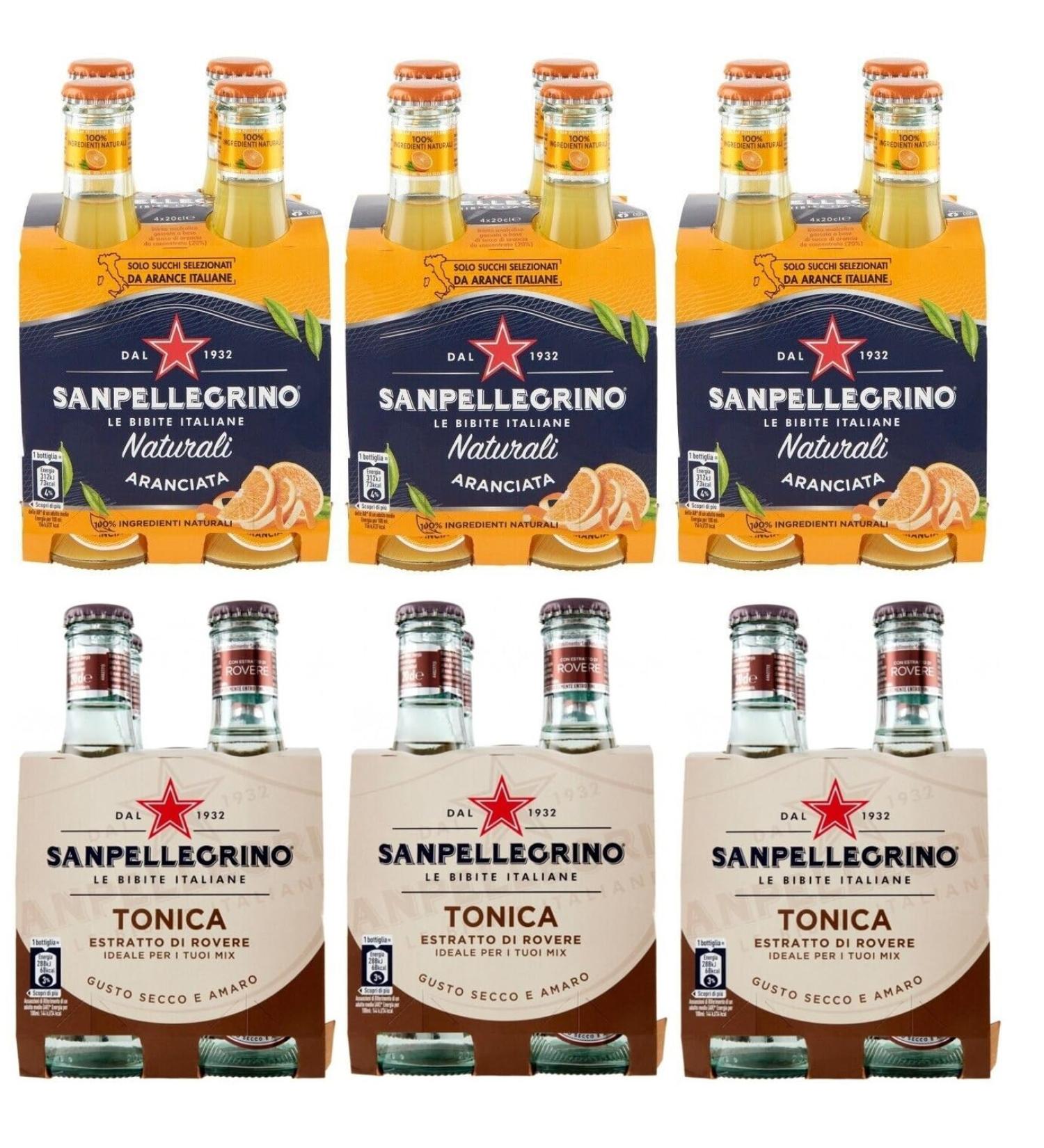 San Pellegrino Aranciata Pack of 24 soft drink test sachets with orange + Tonica Rovere disposable glass bottle 20 cl - Buy Online on GoSupps.com