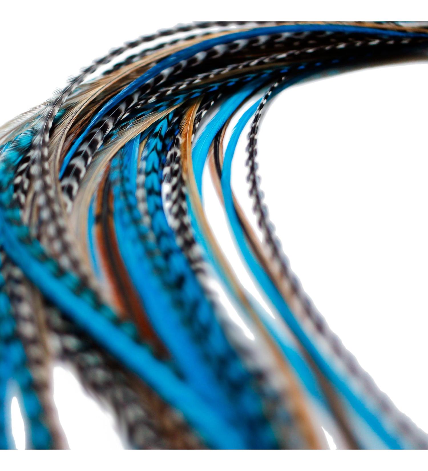 20 XXL Long 11-13 Inch Real Feather Hair Extensions in Blue Naturals - Includes Rings & Loop for Easy Application - Buy Online on GoSupps.com