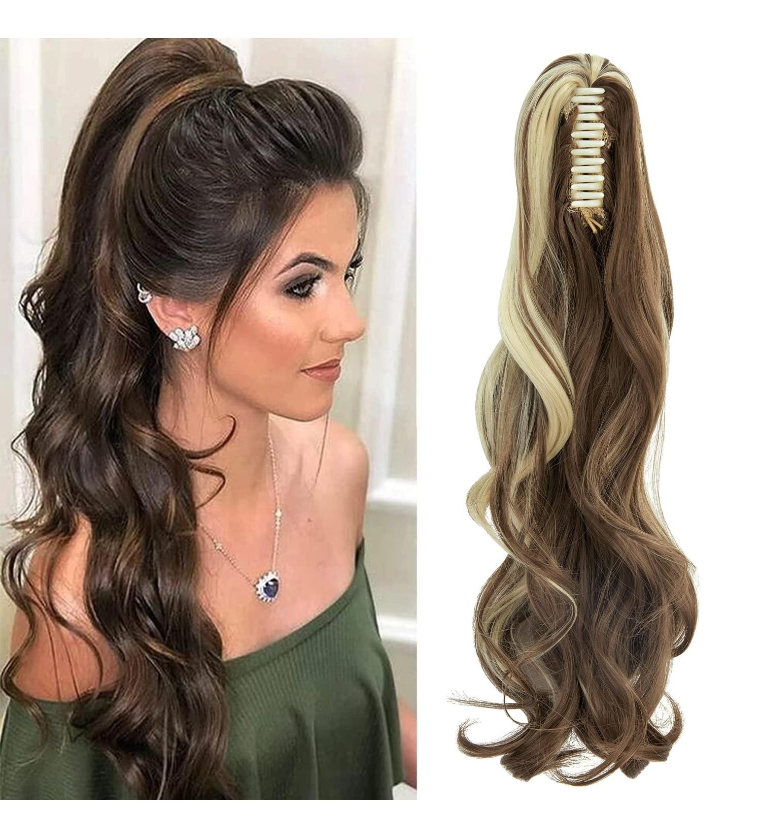 FXYTK Curly Brown Mix Bleach Blonde Ponytail Hair Extension 18 Inch - Claw Clip On Pony Tail Hair Piece - Buy Online on GoSupps.com