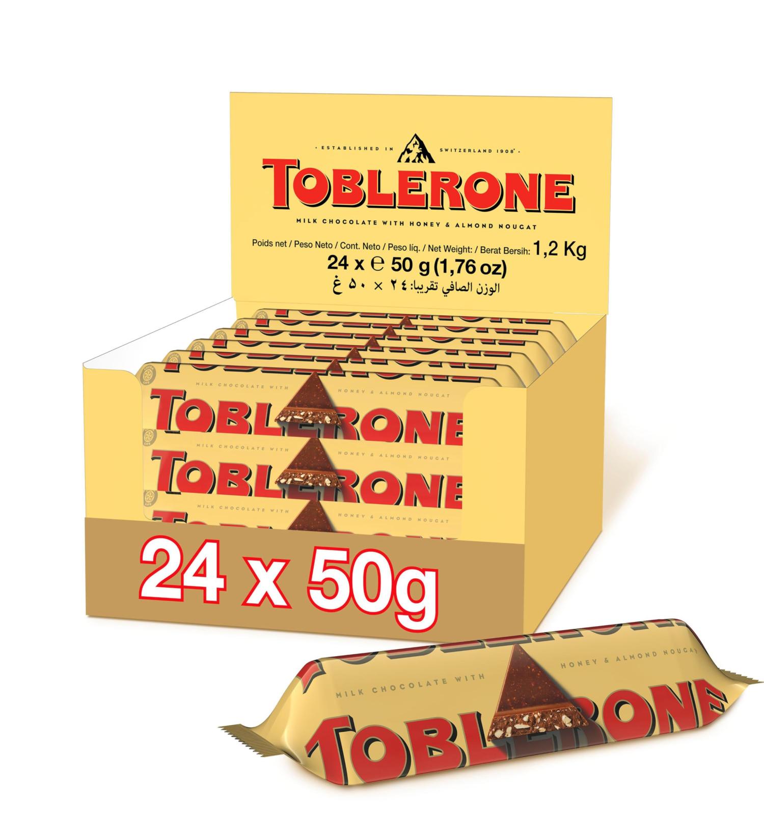 Toblerone - Milk Chocolate Honey Nougat and Almond Bar - Family Size - Display of 24 bars (50g) - Buy Online on GoSupps.com