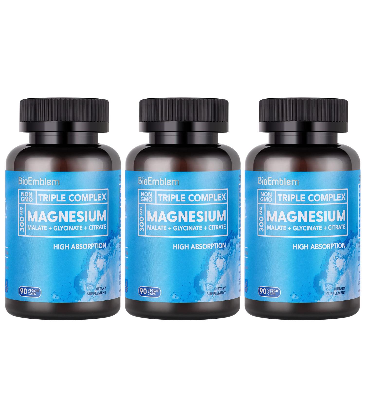 BioEmblem High Absorption Triple Magnesium Complex 300mg | Magnesium Glycinate for Nerves Malate for Energy Supplement to Support Muscle Health | Vegan Non-GMO 270 Capsules 3pack_270 Capsules - Buy Online on GoSupps.com