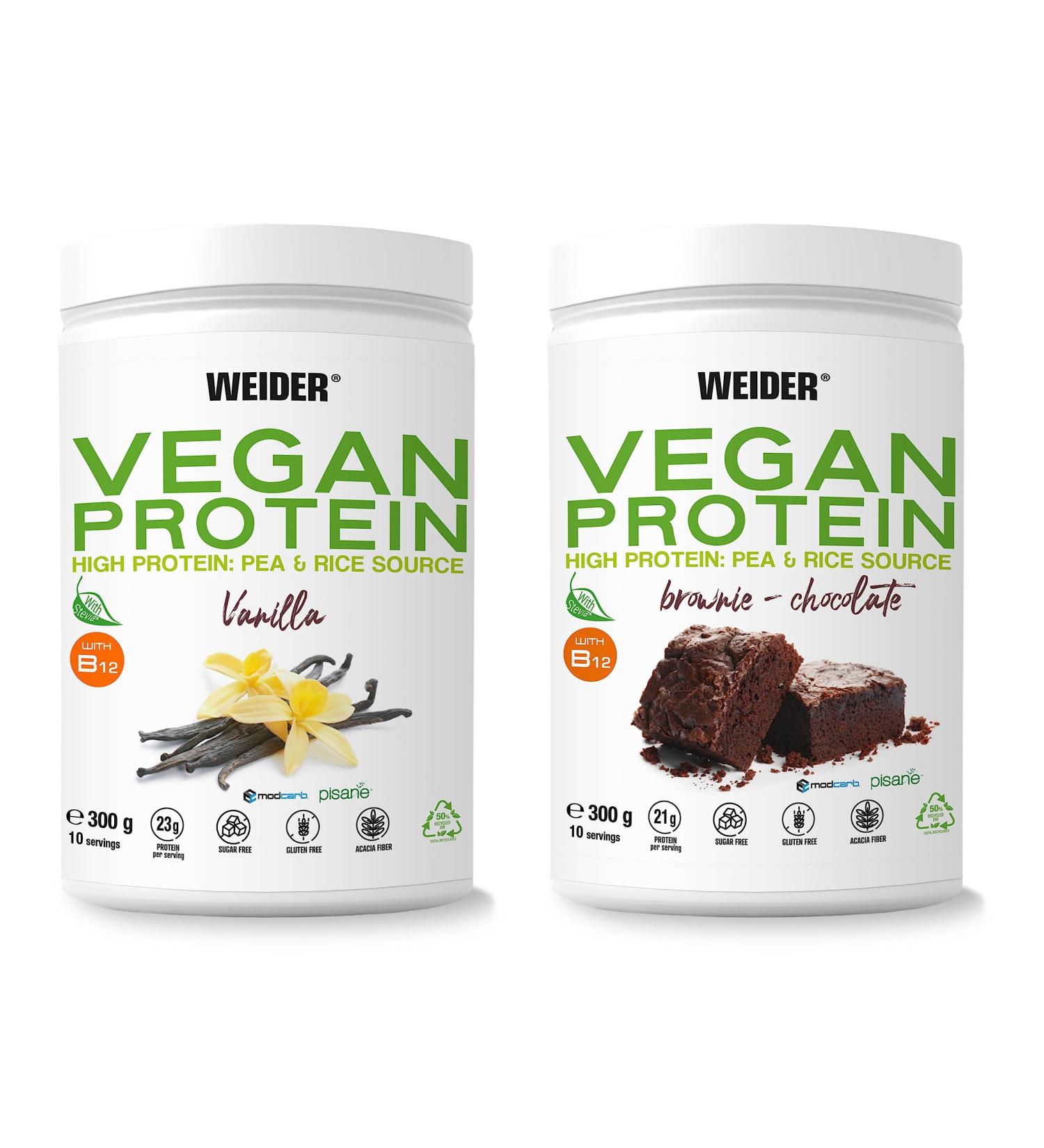 Buy Weider Vegan Protein Duo Pack (2x300g) - Brownie & Vanilla | 100% Plant-Based | Gluten-Free Sugar-Free with Vitamin B12 | Eco-Friendly Packaging - Buy Online on GoSupps.com