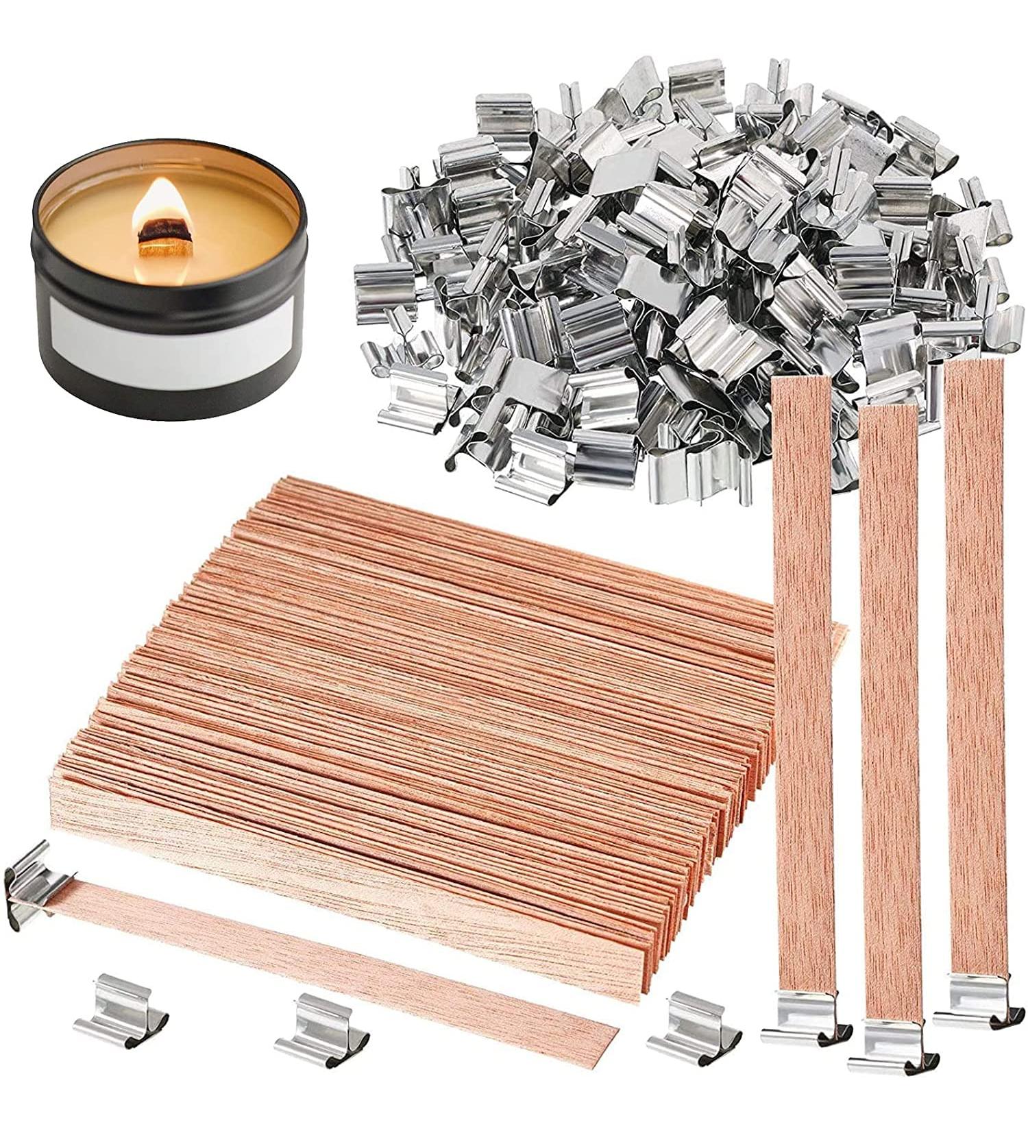 100 pcs Wooden Candle Wicks for Candle Making - 6 inch Crackling Wood Wicks with Metal Base Clips - 50 Sets - Buy Online on GoSupps.com