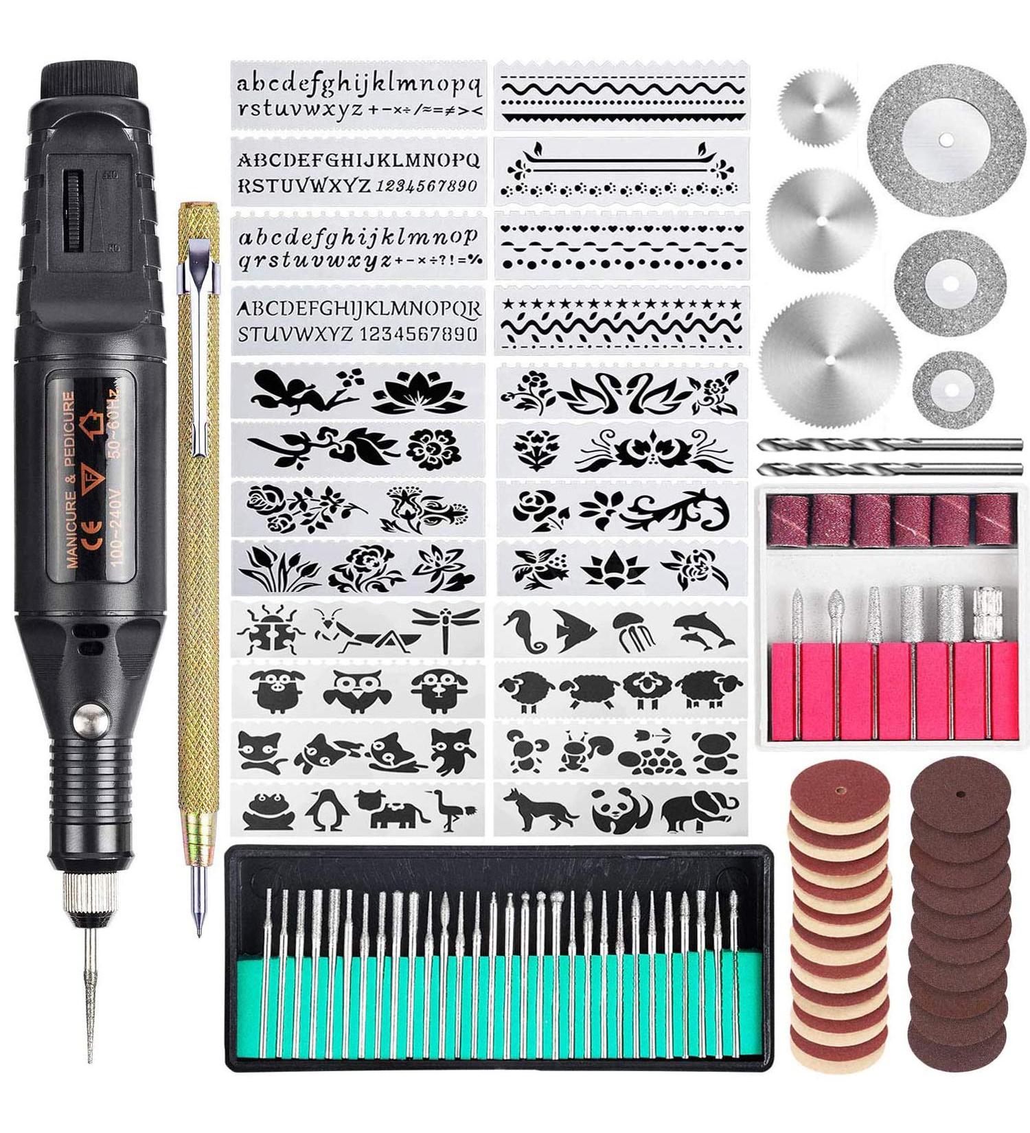 Uolor 108 Pcs Engraving Tool Kit  Multi-Functional Electric Corded Micro Engraver Etching Pen DIY Rotary Tool for Jewelry Glass Wood Ceramic Metal Plastic with Scriber  82 Accessories and 24 Stencils Black - Buy Online on GoSupps.com