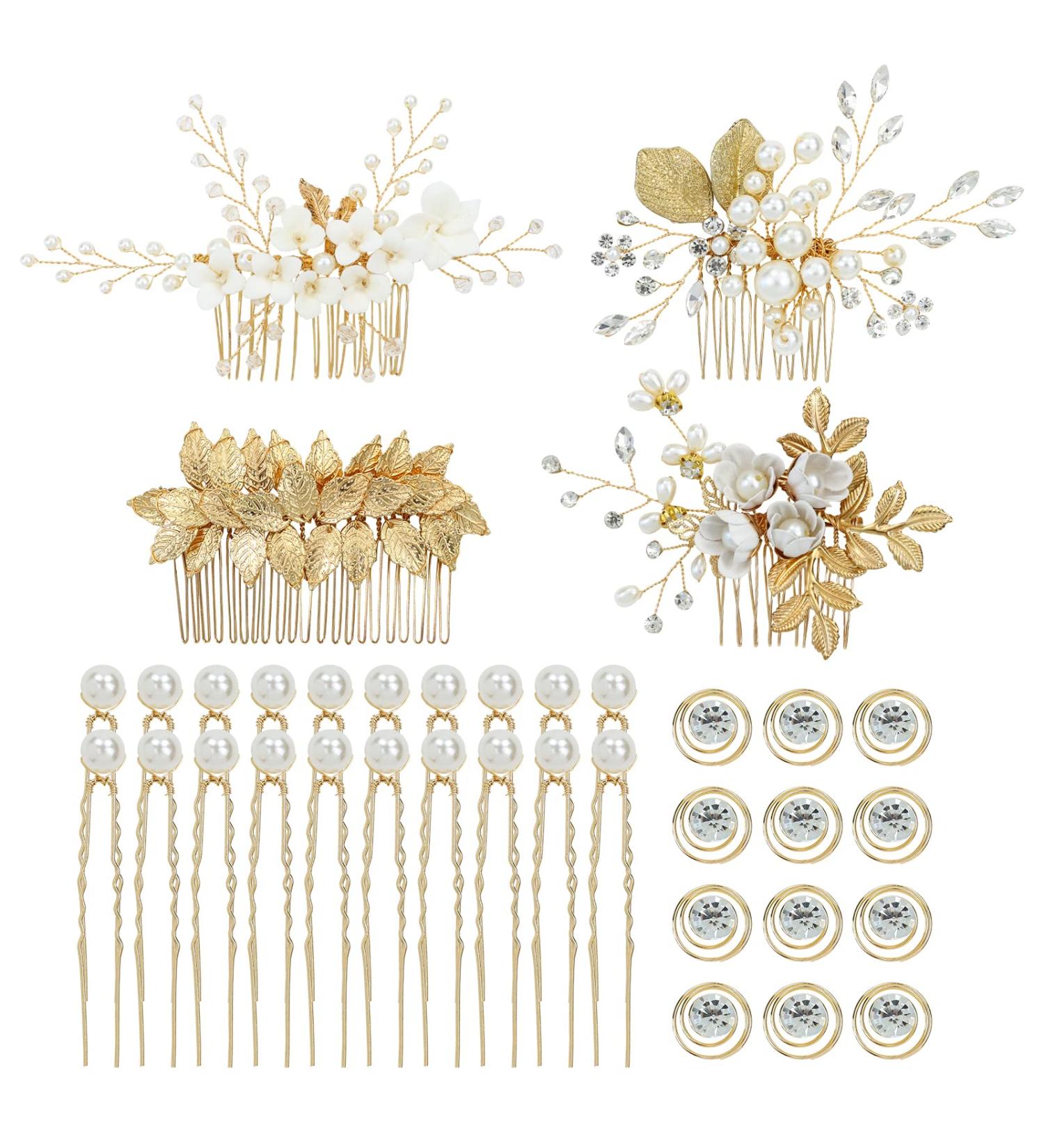Gold Flower Leaf Hair Combs, Pearl Pins, Rhinestone Barrettes - 36 Pack Set for Wedding & Prom Hairstyles - Buy Online on GoSupps.com