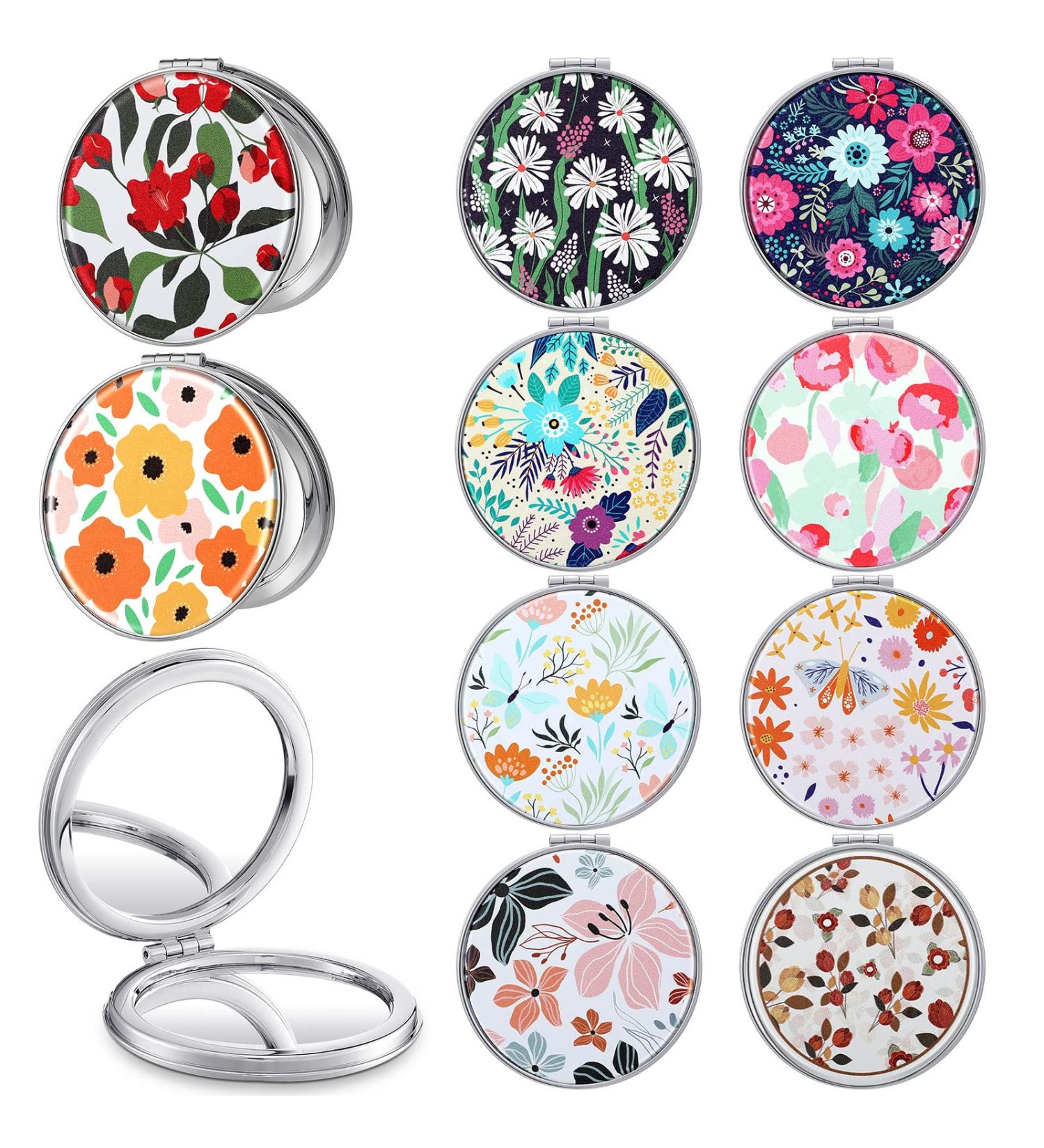 10 Pcs Double-Sided Compact Makeup Mirrors - Floral PU Leather Pocket Mirrors for Women - Portable Travel Handheld Mirrors 1X/2X Magnification - Ideal for Girls Handbags - Buy Online on GoSupps.com