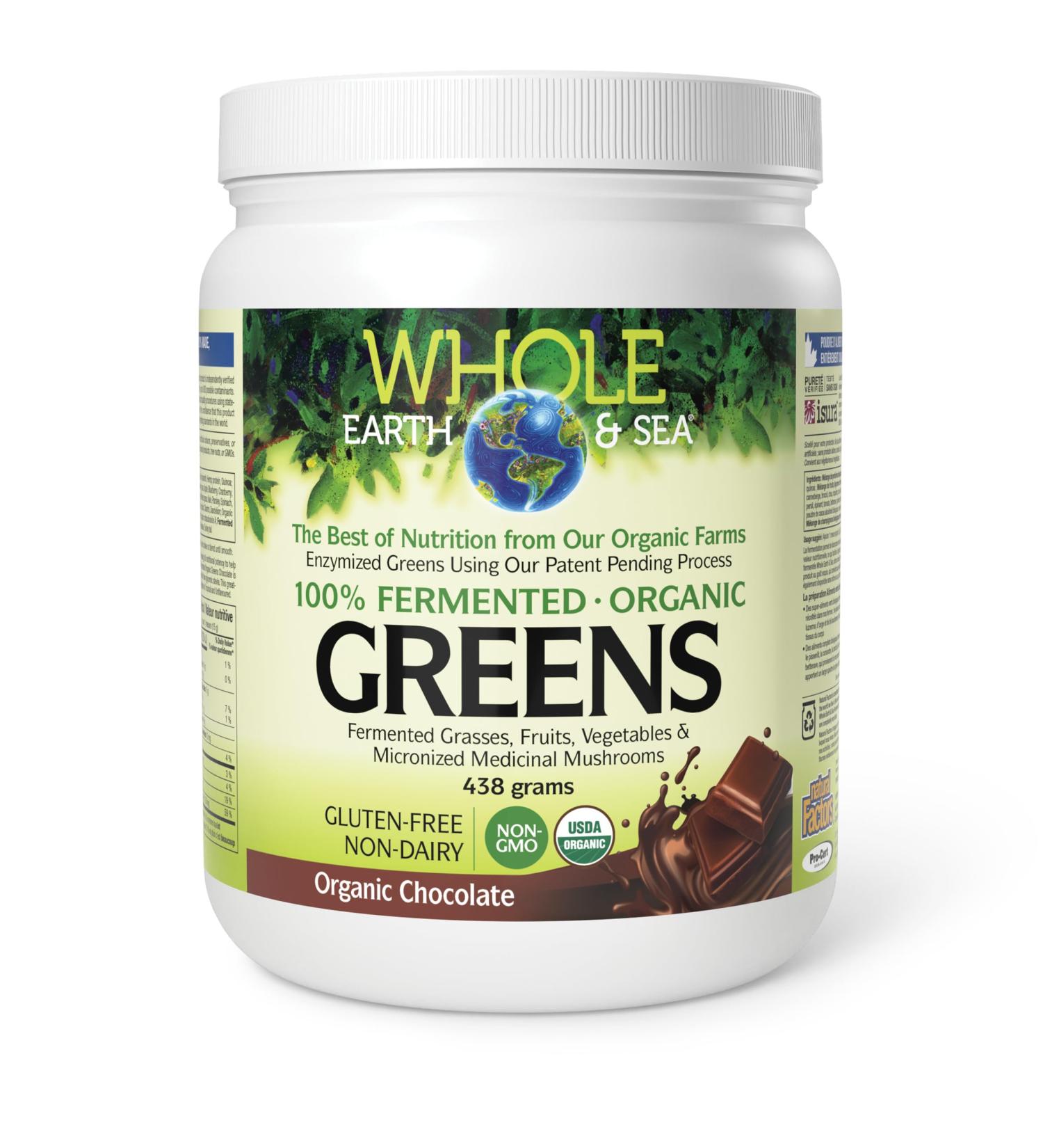 Natural Factors Whole Earth & Sea Greens Organic Chocolate Flavour 438g Powder 100% Fermented and Organic 6 g of Plant Protein per serving Vegan-Friendly Supports Active Healthy and Sustainable Lifestyle - Buy Online on GoSupps.com