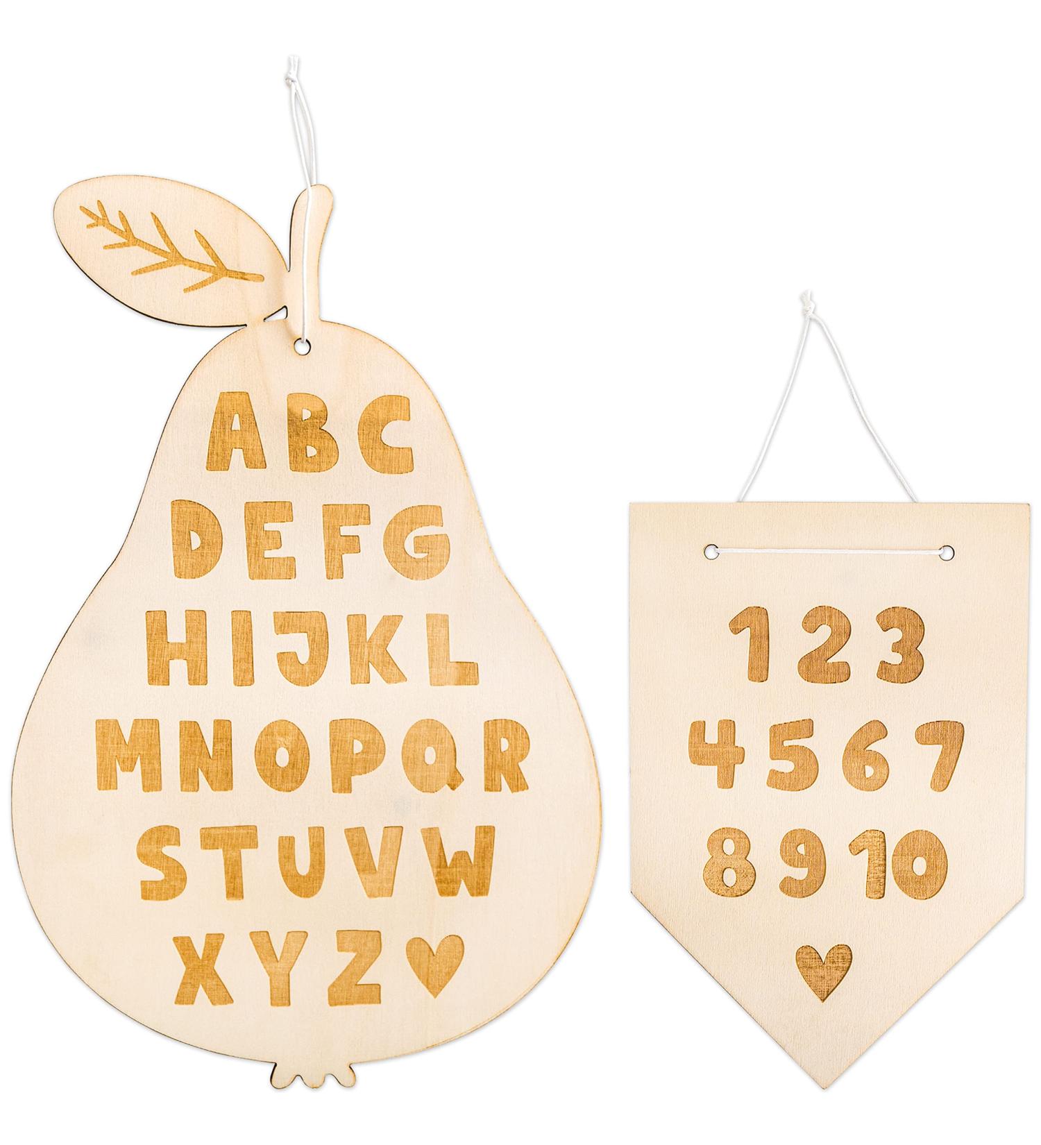 Paper Dragon 2 Wooden Signs with Engraving - Pennant Numbers 1-10 & Pear Alphabet - Ideal First Class Gift & Classroom Decoration - Natural Wood Set - Buy Online on GoSupps.com