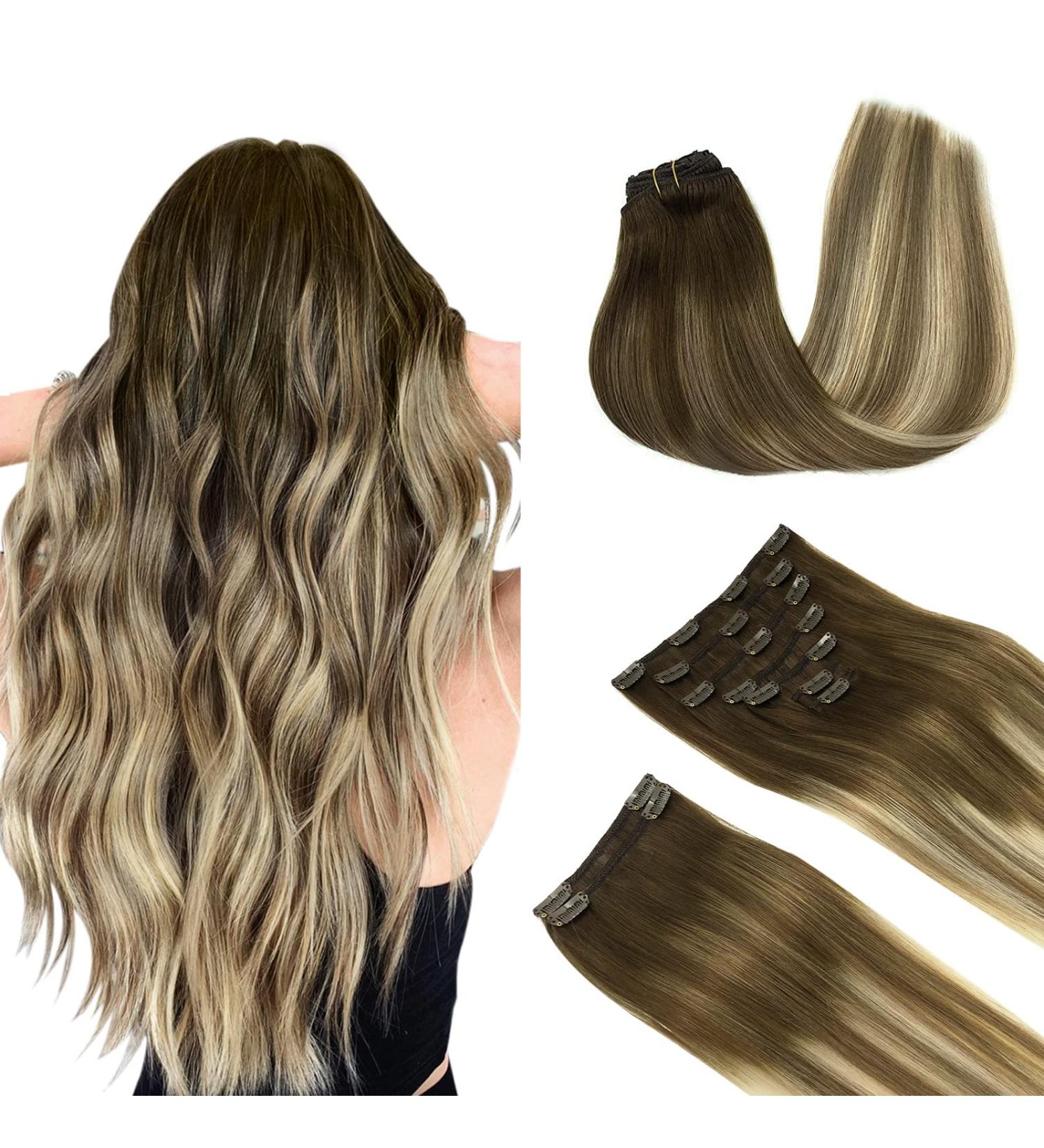 Doores Real Hair Clip In Extensions - Walnut Brown to Ash Brown & Bleach Blonde 55cm (22 inch) - 9 Pieces Remy Straight Thick Hair - Buy Online on GoSupps.com