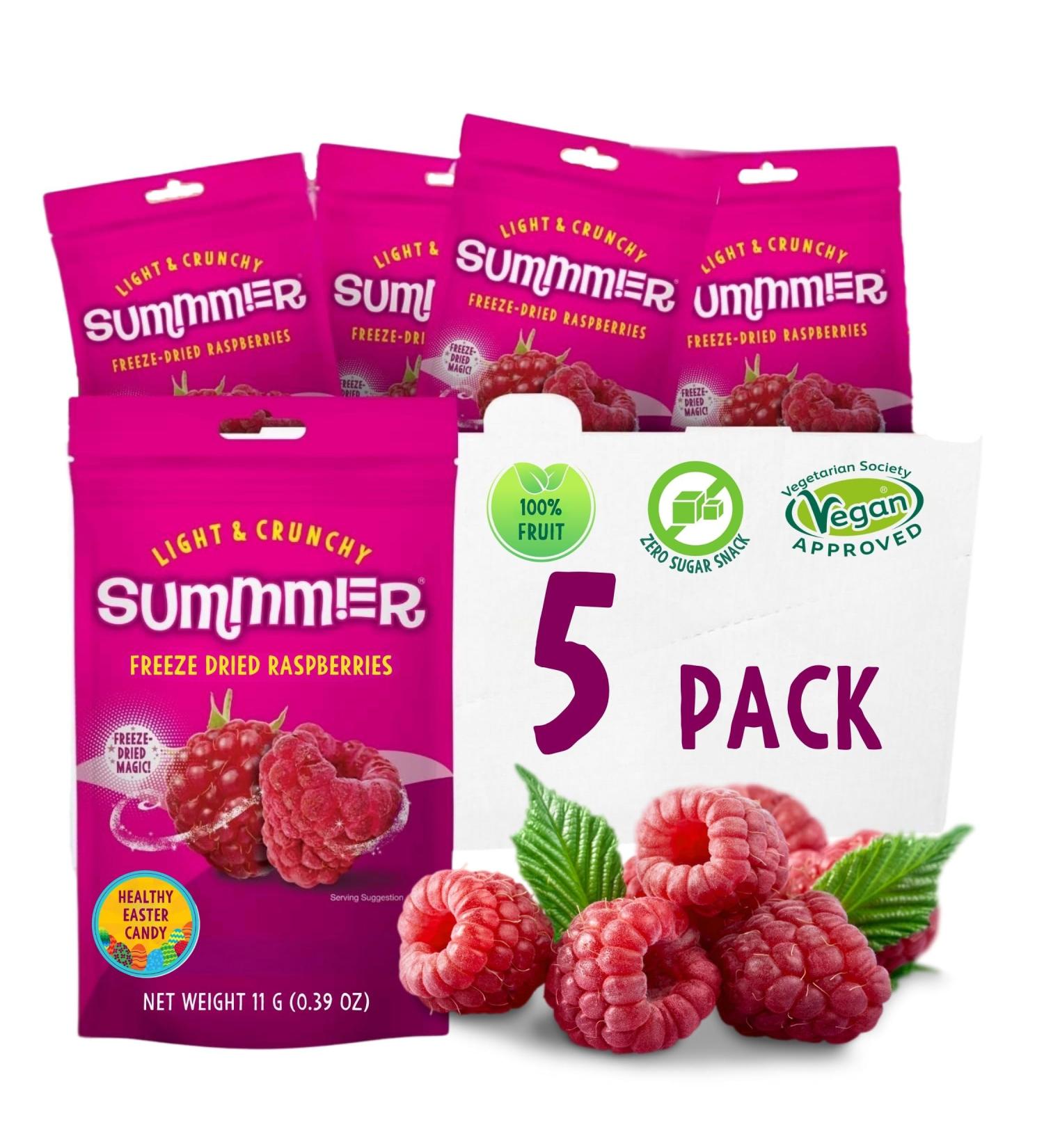 SUMMMER Summer Freeze-Dried Raspberries Pack of 5 Delicious 100% natural crunchy and healthy fruit snacks with no added sugar. Perfect raspberries for baking or for...