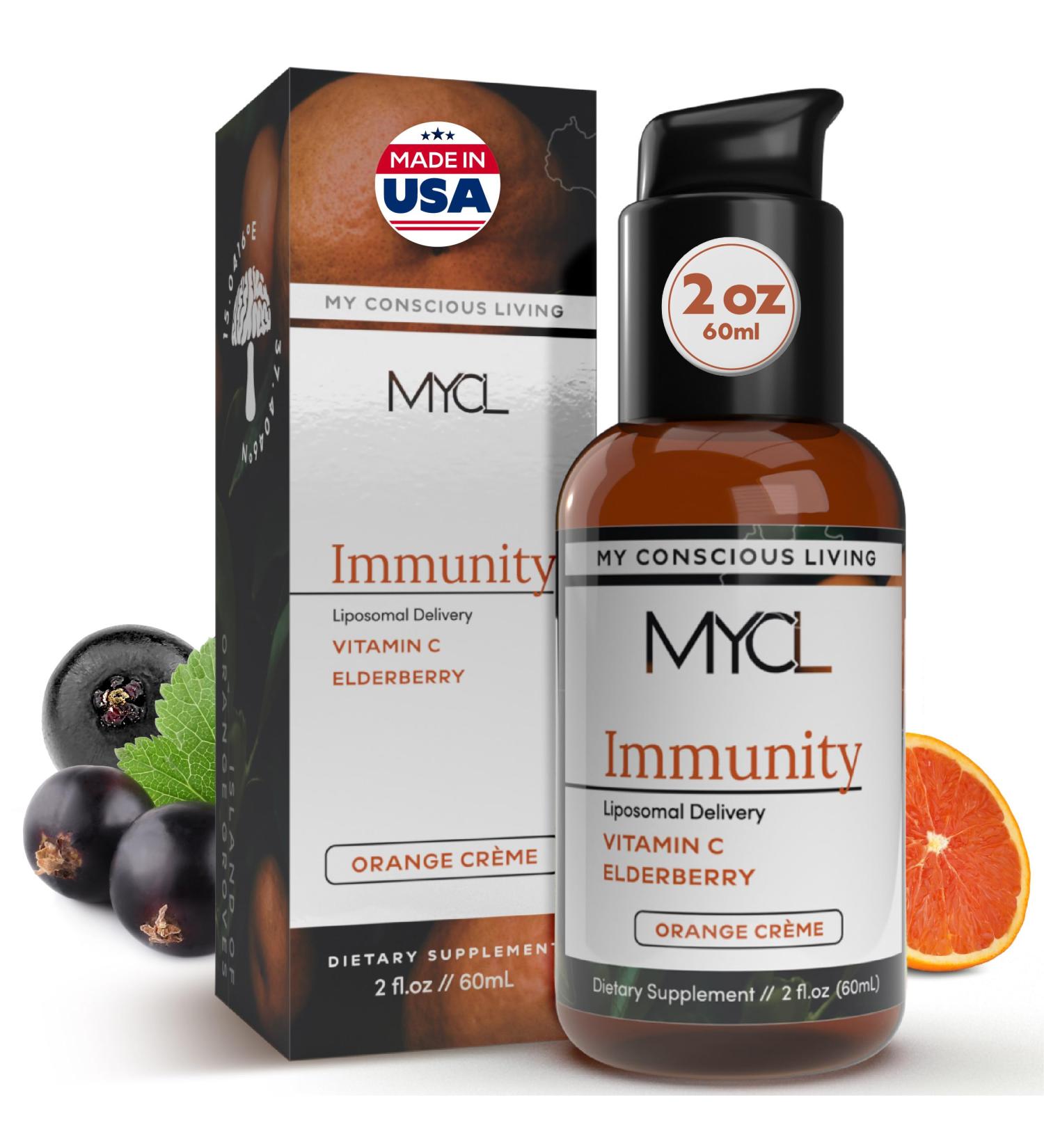 MYCL Liposomal Vitamin C Liquid with Elderberry Echinacea Zinc and Vitamin D - Immune and Antioxidant Support - Orange Cr me Flavor - Made in USA - 30 Pump Servings - Buy Online on GoSupps.com