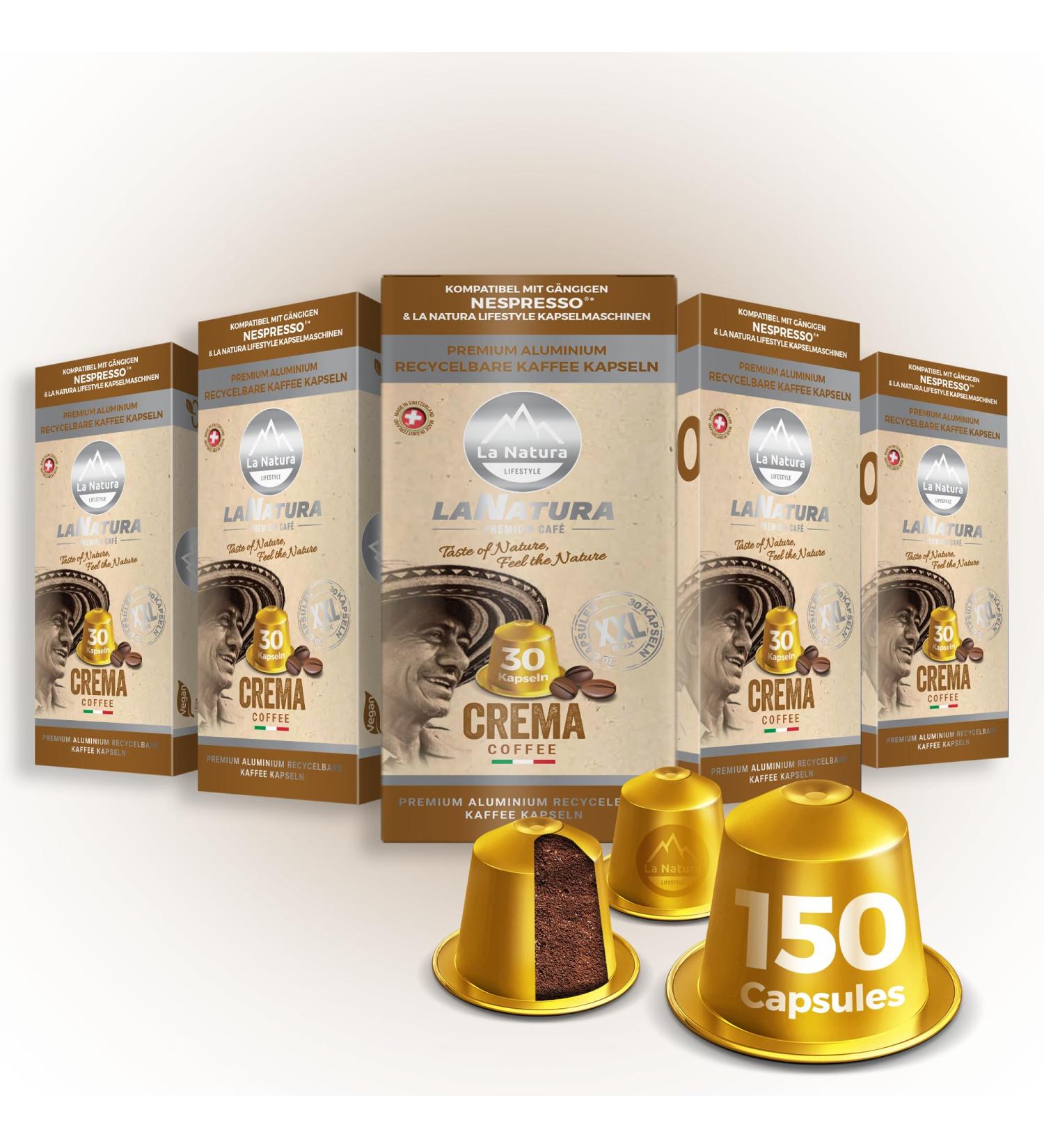 Pack of 150 premium coffee capsules - Compatible with Nespresso machines - 100% recyclable capsules - Made in Switzerland - Balanced velvety coffee cream La Natura Lifestyle - Buy Online on GoSupps.com