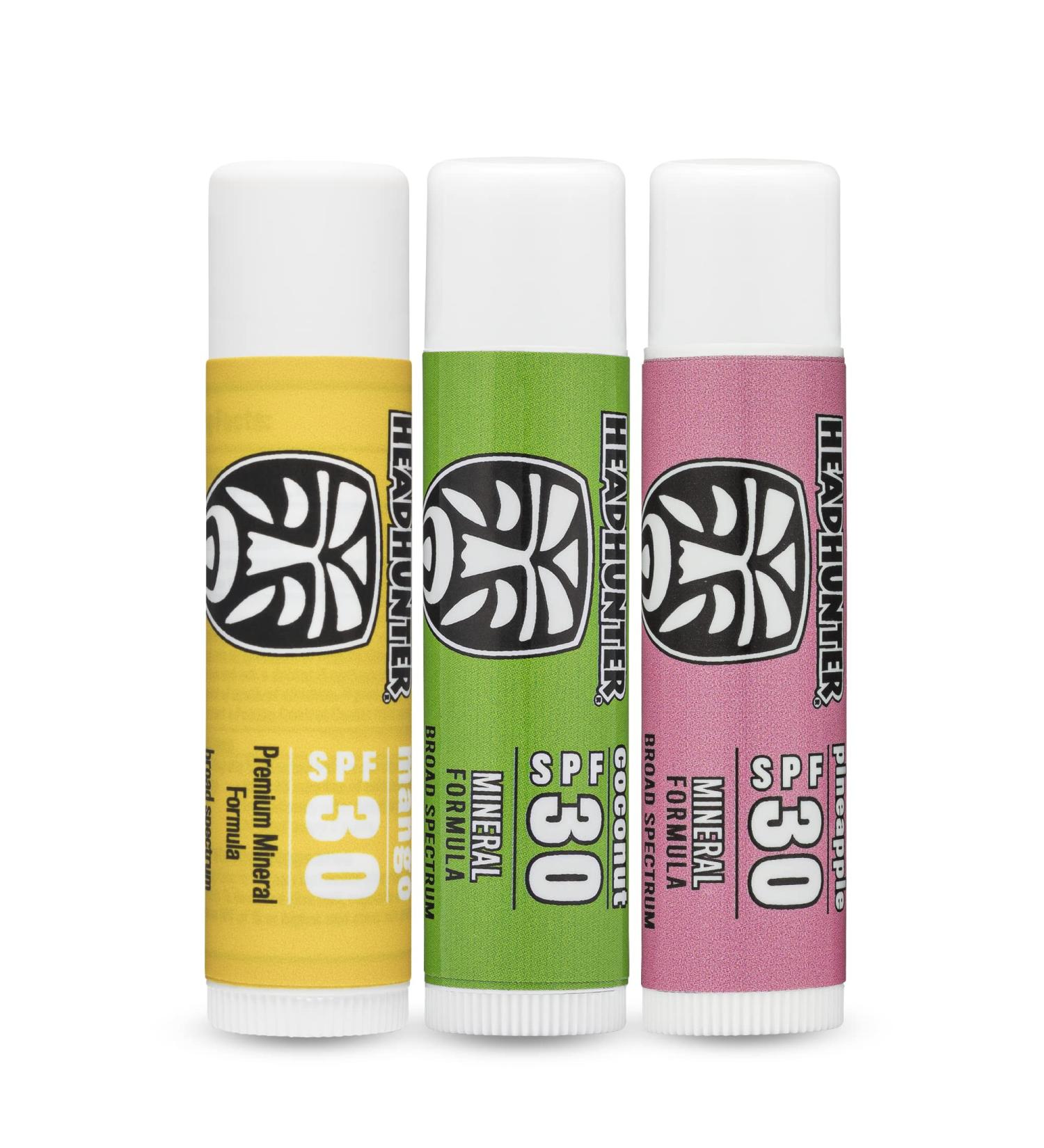 Headhunter Sport Chapstick Sunscreen SPF 30 3 Pack - Natural Mineral Waterproof Lip Balm for Sun Protection - Reef Safe Sunblock Chap Stick - Coconut, Pineapple, Mango Flavors - Buy Online on GoSupps.com