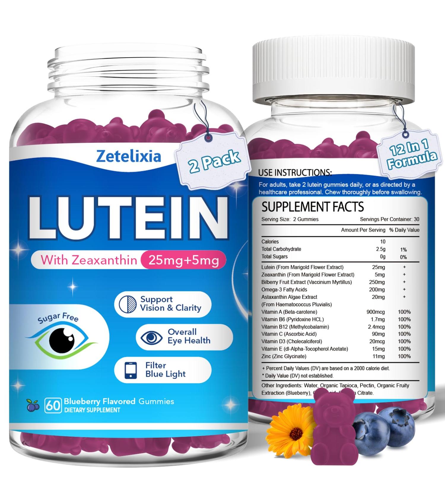 2 Pack Lutein Gummies, 12 in 1 Lutein and Zeaxanthin Supplements Eye Vitamins Gummies for Adults, Eye Health Supplement with Multiple Vitamin for Promoting Eye & Vision - 120 Gummies 60 Count (Pack of 2) - Buy Online on GoSupps.com