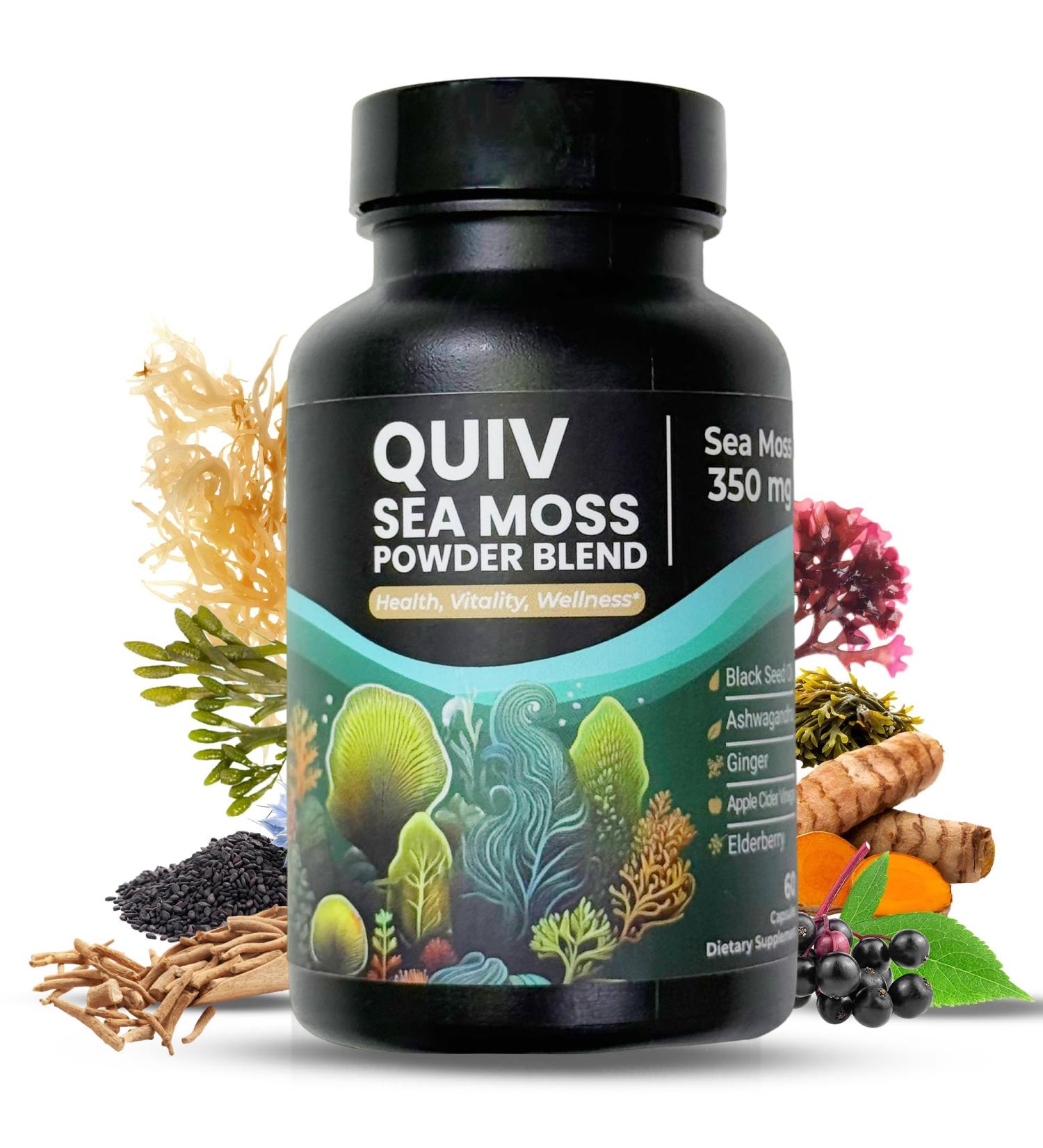 Quiv Sea Moss Capsules Irish Sea Moss Black Seed Oil Ashwagandha Turmeric Bladderwrack Burdock Ginger Vitamin C D3 Elderberry Manuka Dandelion Yellow Dock & Chlorophyll 60 Capsules - Buy Online on GoSupps.com