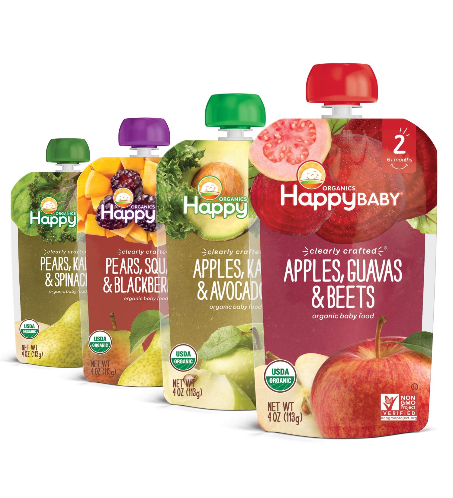 Happy Baby Organics Stage 2 Baby Food Variety Pack - Pear Squash & Blackberries, Apple Kale & Avocado, Apple Guava & Beet, Pear Kale & Spinach - 16 Pack, 4 oz Pouches - Buy Online on GoSupps.com