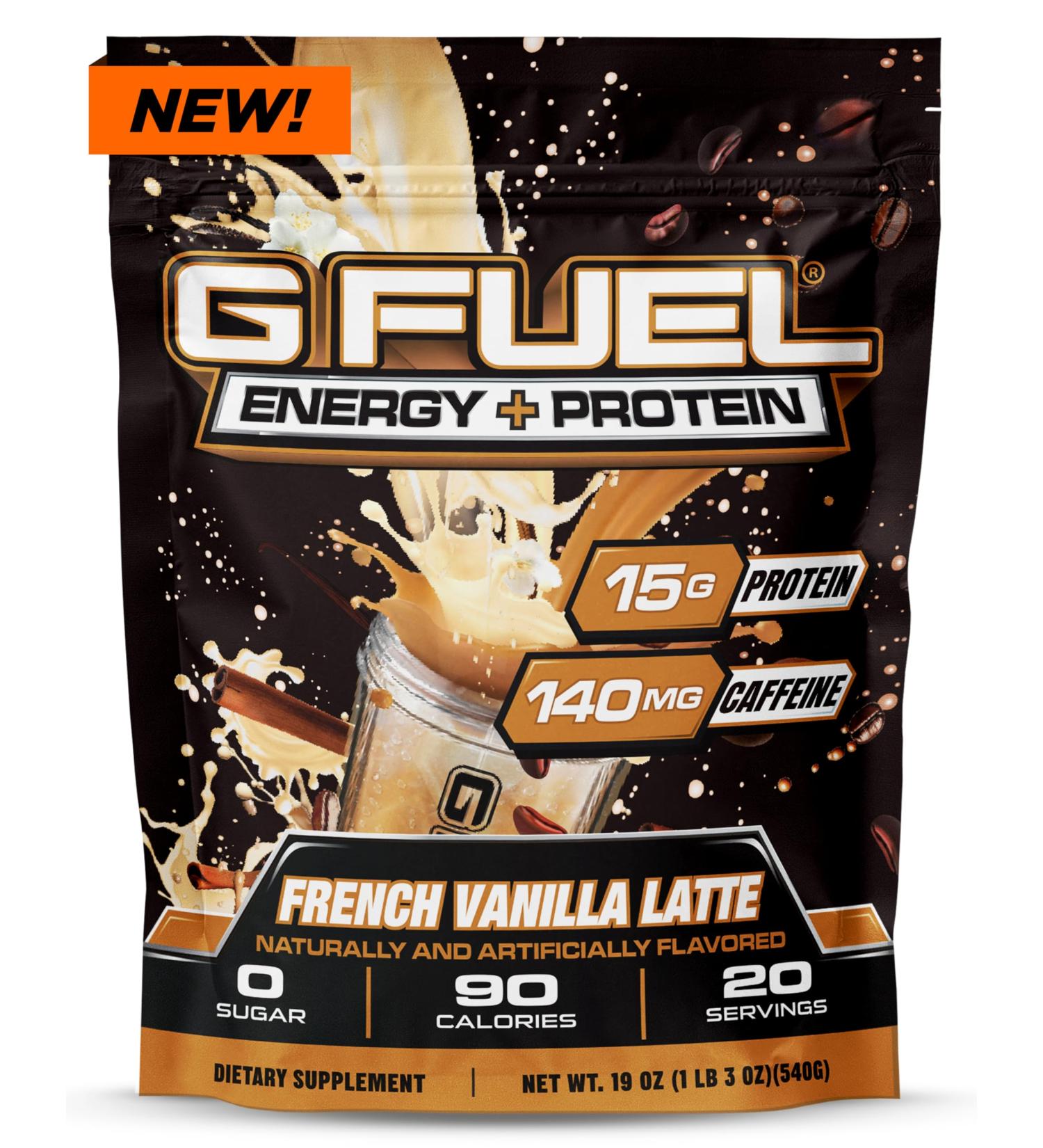 G Fuel Protein + Energy Drink Powder, Pre Workout Caffeine Mix for Gaming, Sugar Free Focus Amino, Vitamin + Antioxidants, 19oz (French Vanilla Latte, 20 Servings) - Buy Online on GoSupps.com