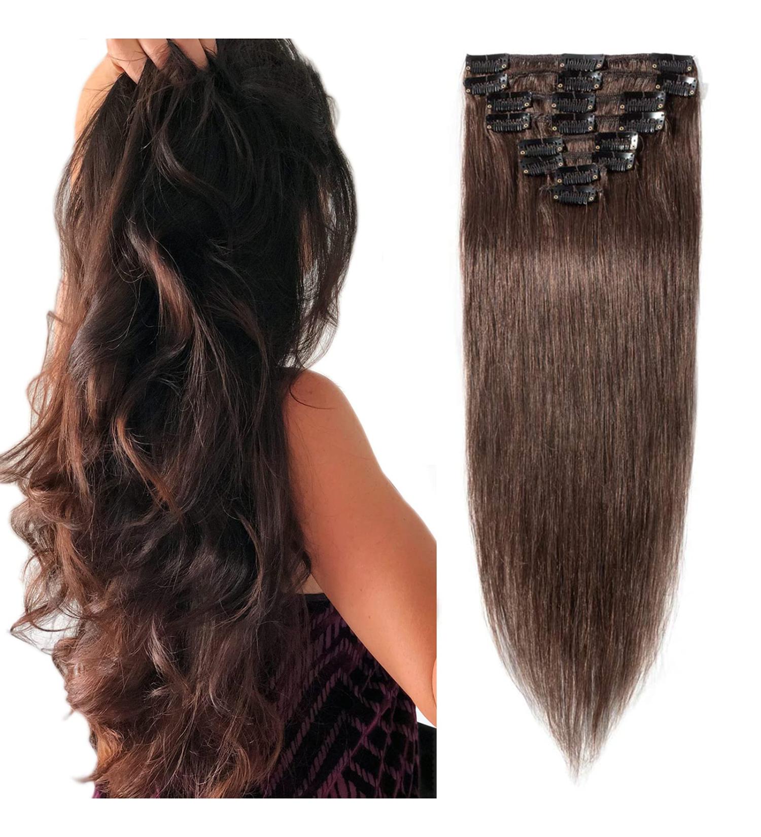 Buy SEGO Clip-In Human Hair Extensions - 8 Pcs Natural Straight Remy Hair Medium Brown #4 40 cm (65g) - Premium Quality Hairpiece - Buy Online on GoSupps.com