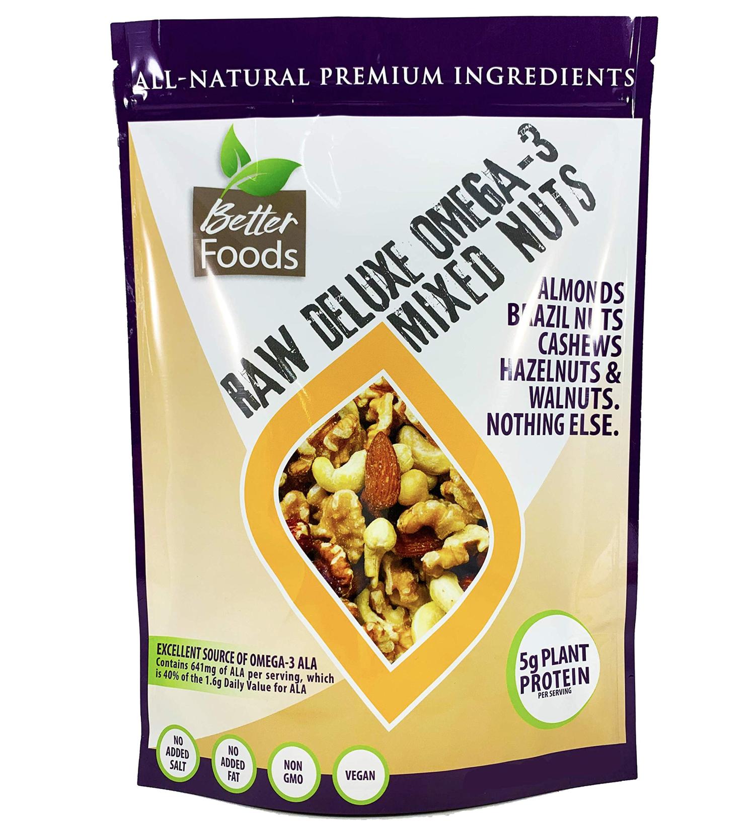 Raw Unsalted Deluxe Omega-3 Mixed Nuts - Non-GMO Natural Nuts - Gluten-Free 1.25 Pound Pack - Almonds, Brazil Nuts, Cashews, Hazelnuts, Walnuts - Buy Online on GoSupps.com