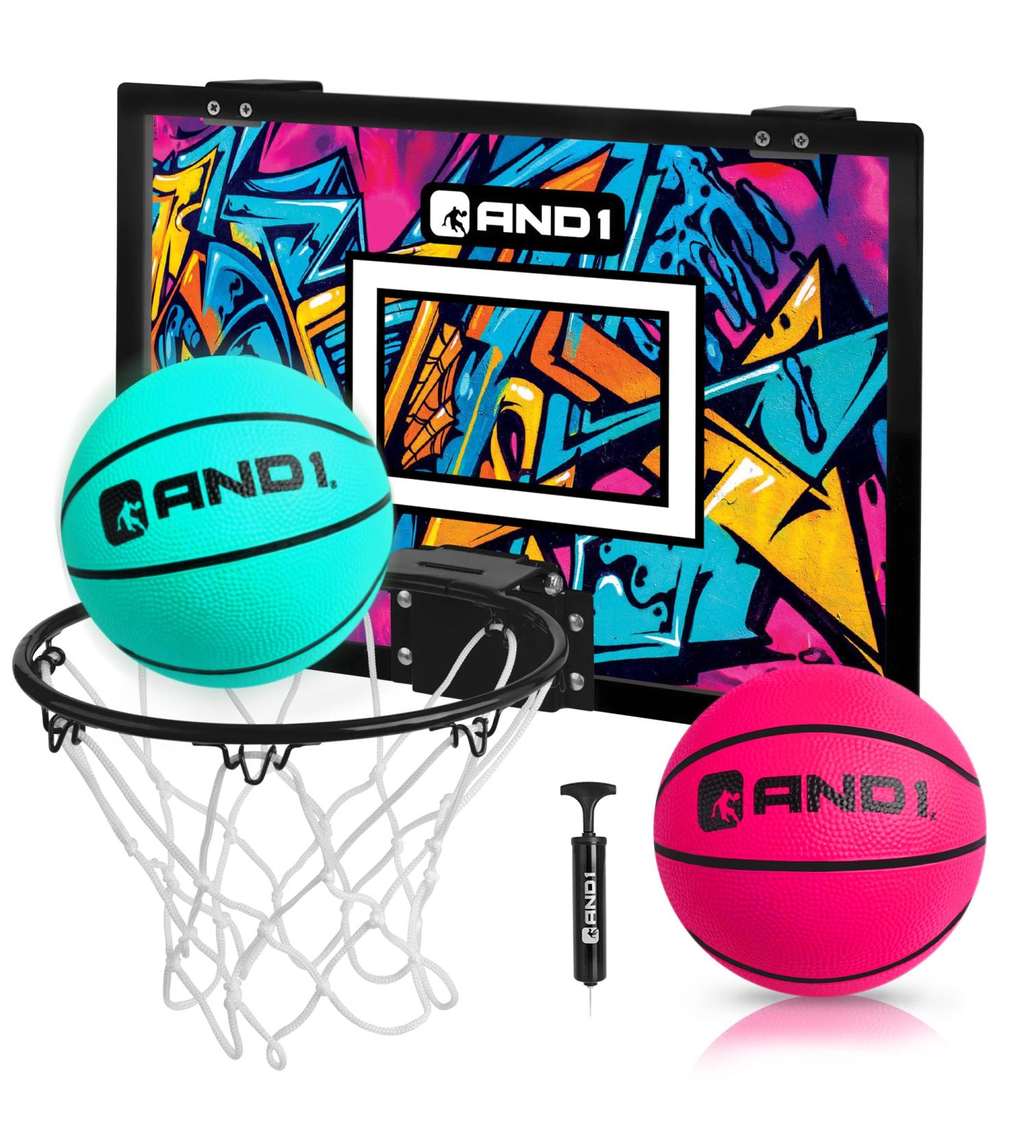 AND1 Over The Door Mini Hoop Set - 18x12 Portable Basketball Hoop with Flex Rim - Teal/Pink Mini Hoop - Includes 2 Deflated Mini Basketball & 2 Balls - Buy Online on GoSupps.com