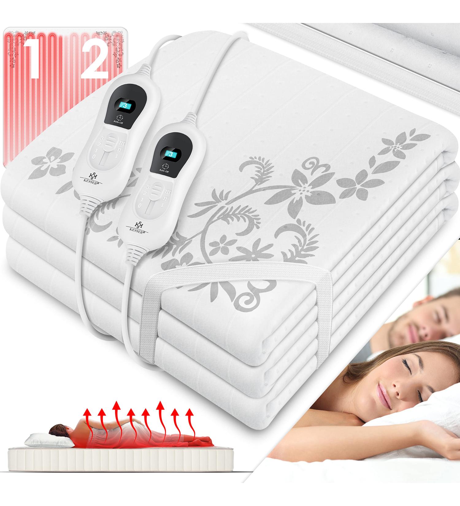Kesser Double Heat Under Bed Blanket 160x140cm | Remote Control | 2 Temperature Zones | Automatic Switch-Off | Soft Fleece Heating Pad - White Pattern - Buy Online on GoSupps.com