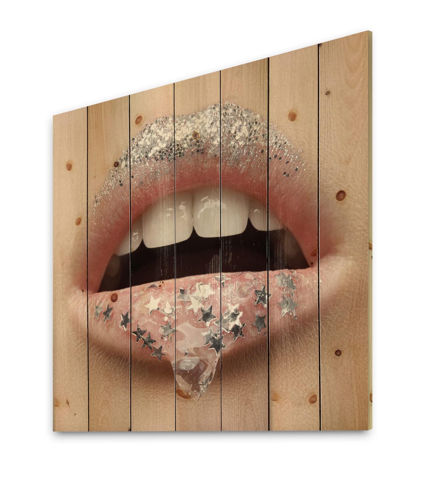 Modern Silver Wood Wall Art - DesignQ Female Lips & Stars - Large Pine Wood Decor for Contemporary Spaces - Buy Online on GoSupps.com