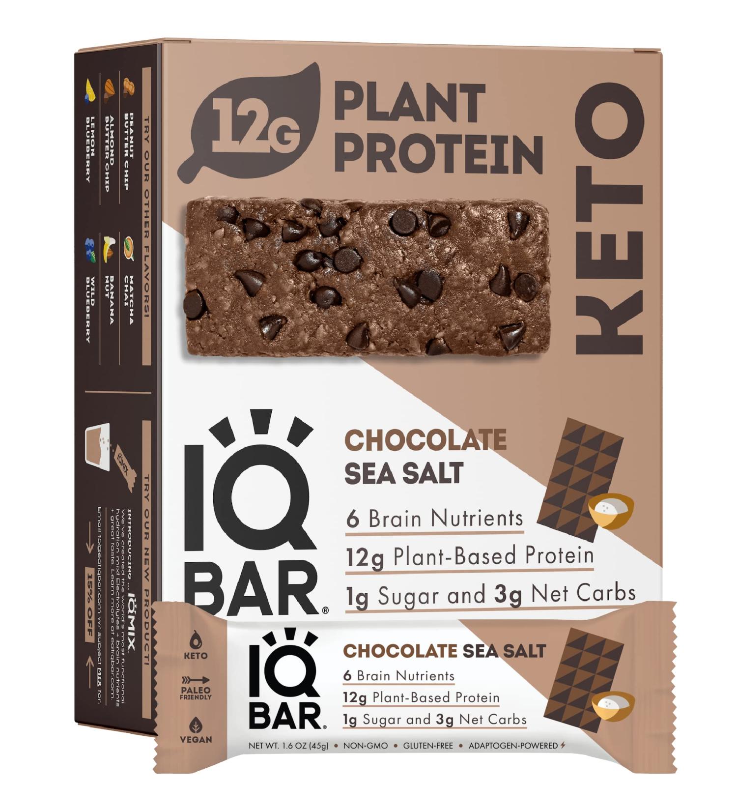 IQBAR Chocolate Sea Salt Keto Protein Bars - 12-Count Energy Bars, Low Carb, High Fiber Vegan Snacks - Meal Replacement Bars with Low Sugar - Vegan Friendly - Buy Online on GoSupps.com