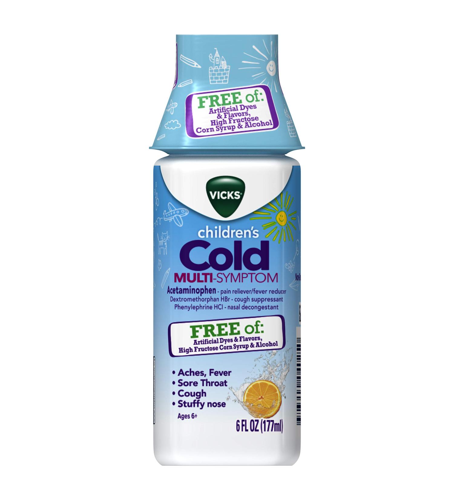 Vicks Children's Multi-Symptom Cold Relief - Citrus Orange Flavor, 6 fl oz (Pack of 1) | Ages 6+ | Free of Artificial Dyes, High Fructose Corn Syrup, Alcohol - Buy Online on GoSupps.com