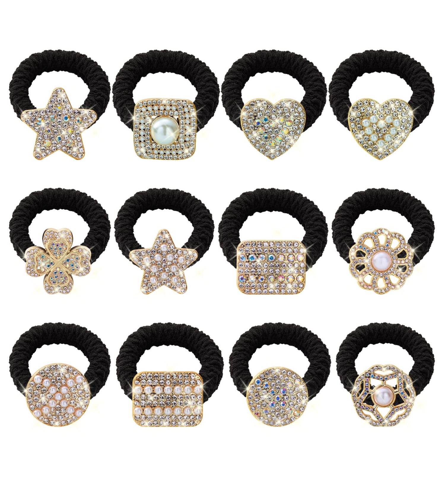 Crystal Rhinestone Elastic Hair Ties Black Diamond Ponytail Holder Set for Women and Girls | 12pcs-1 BlackSet1 - Buy Online on GoSupps.com