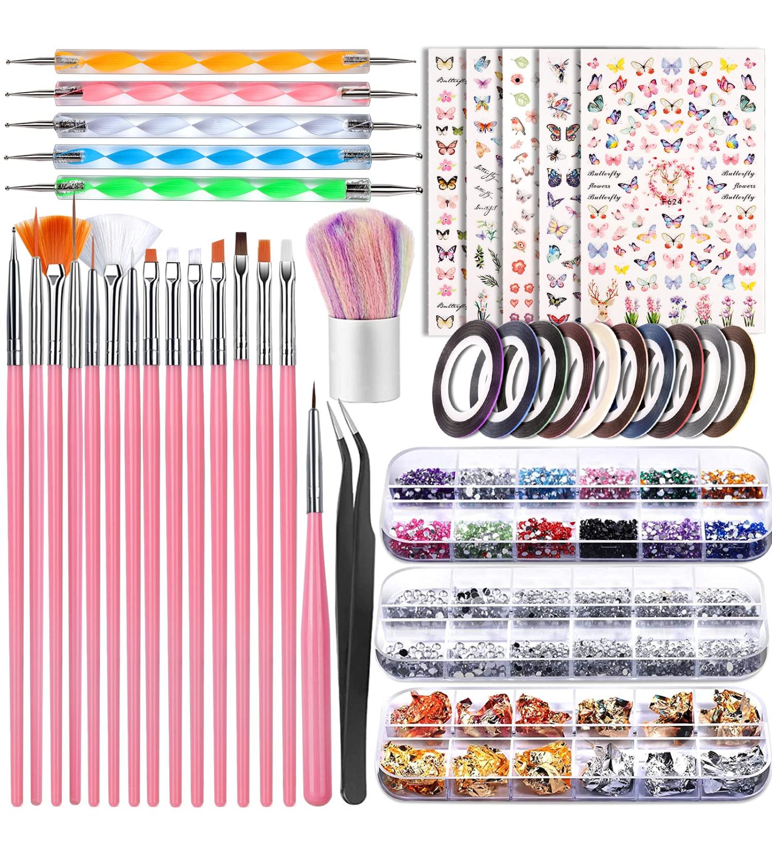 Teenitor Nail Art Brush Set with Dotting Tools, Foil Flakes, Striping Tape, Stickers, Rhinestones & Tweezers - Pink - Buy Online on GoSupps.com