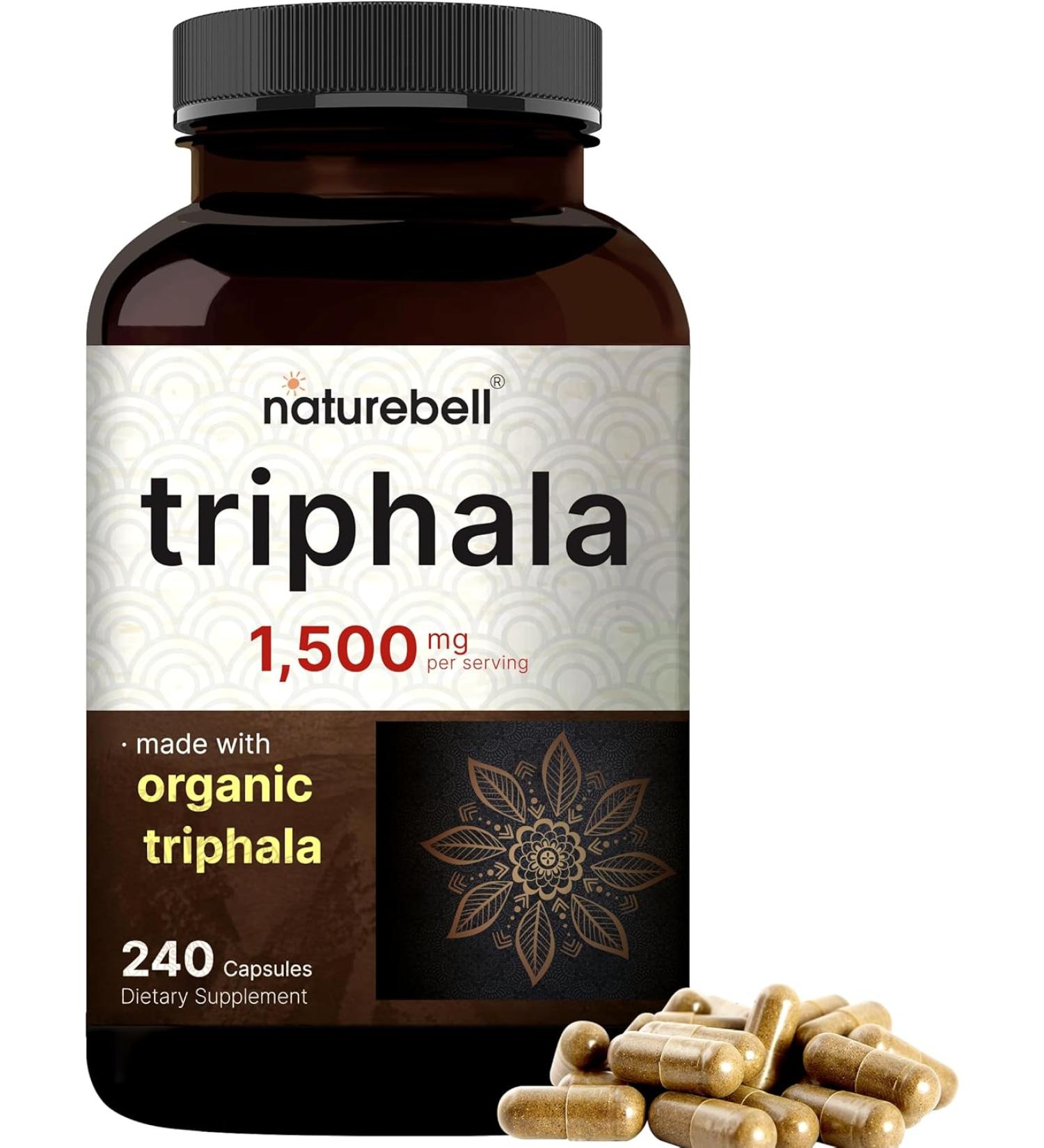 NatureBell Triphala Capsules Supplement, 1,500mg Per Serving | Made with Organic Amla, Bibhitaki, Haritaki Fruit Powder – Supports Digestive Health – Double Strength, Non-GMO - Buy Online on GoSupps.com