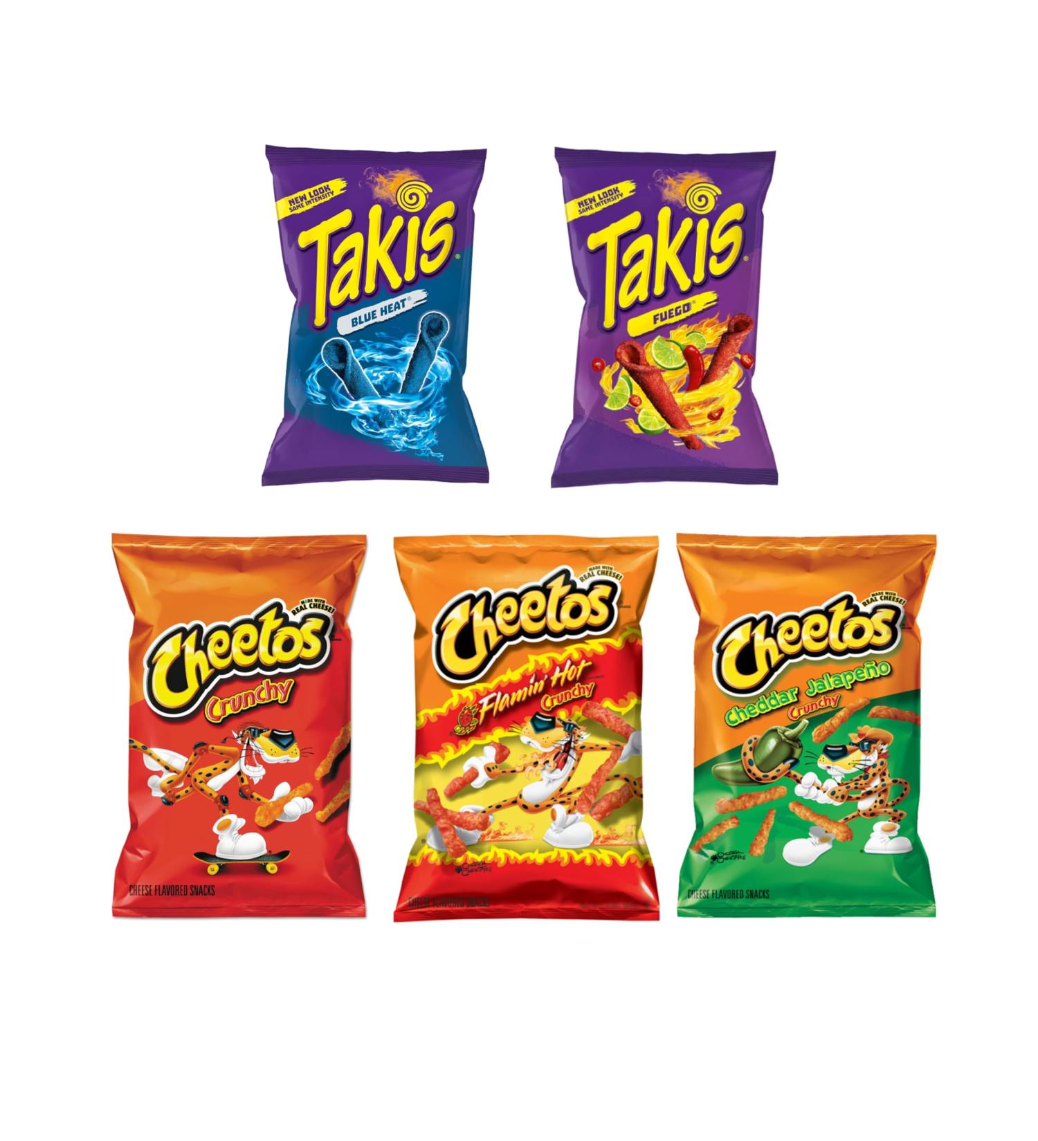 Popular American Crisp Bundle 5 Pack of Takis Fuego 4oz / 113.4g Blue Heat 3.25oz / 92.3g Flaming Hot/Cheddar Jalape o/Crunchy 8oz/226.8g