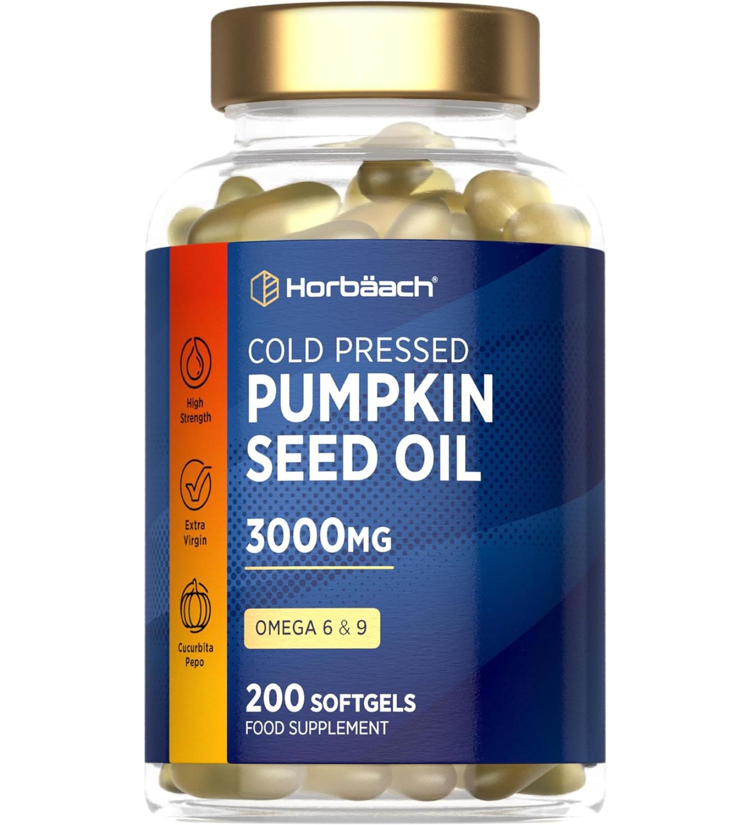 Pumpkin Seed Oil Capsules 3000mg | Cold Pressed | High Strength Supplement | 200 Softgels | by Horbaach - Buy Online on GoSupps.com