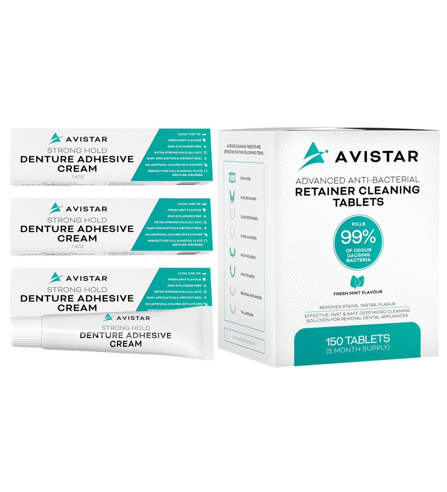 Avistar Extra Strong Denture Adhesive Cream (3 Pack 4.2 Fl Oz) and Retainer Cleaning Tablets (150 Mint Flavor 5 Months Supply) - Buy Online on GoSupps.com
