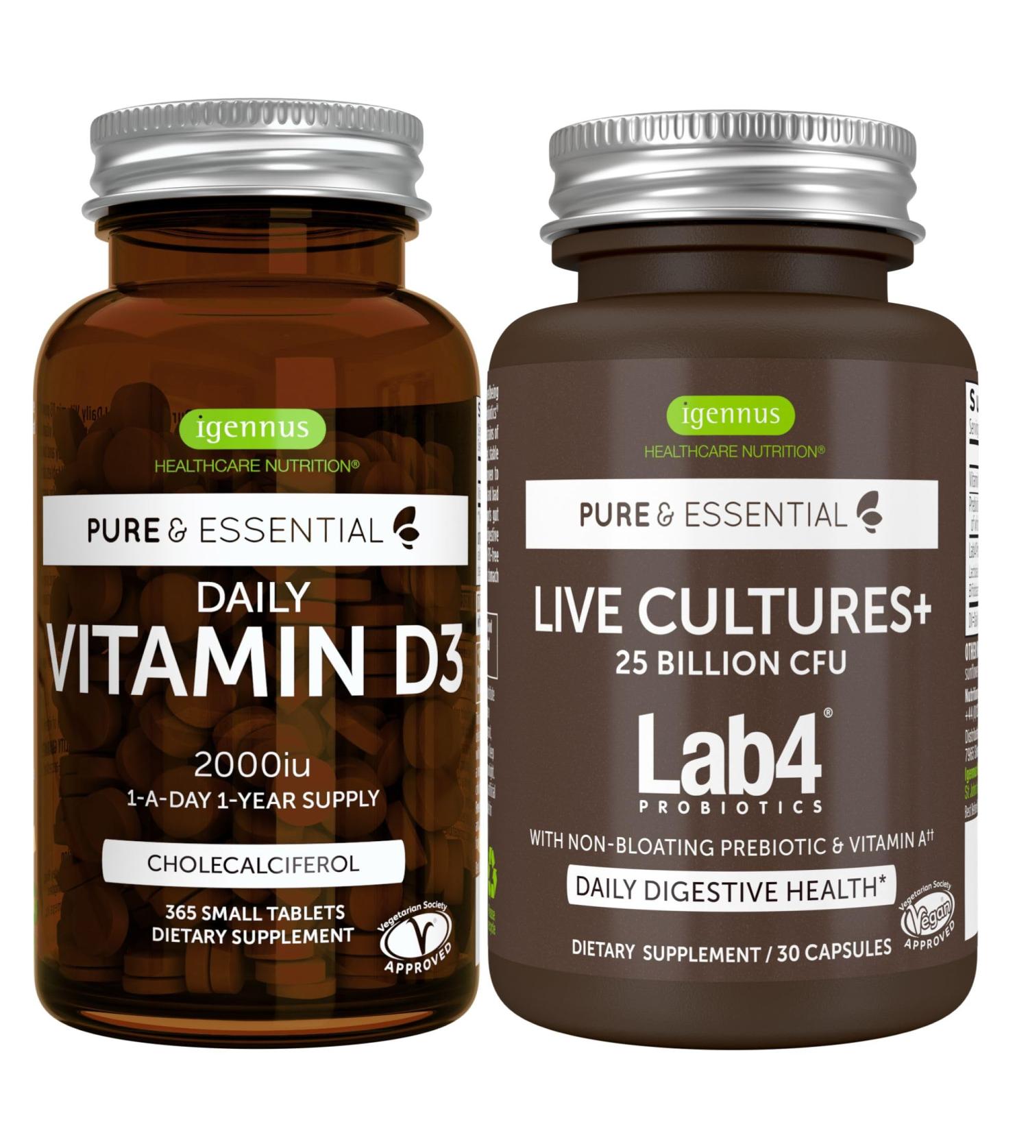 Daily Vitamin D3 + Live Cultures+ Lab4 Probiotics Bundle 365 2000iu Vitamin D3 Tablets + 25 Billion CFU Lactobacillus Acidophilus & Bifidobacterium with Non-Bloating Prebiotic by Igennus - Buy Online on GoSupps.com