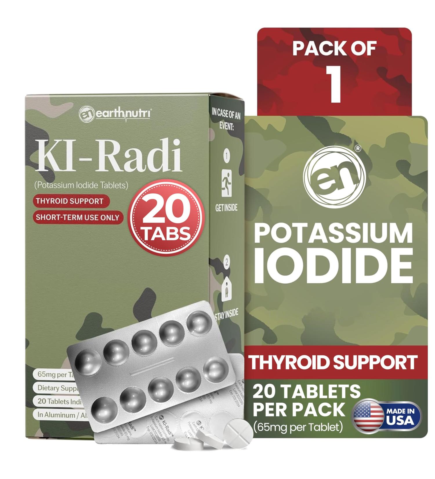 EarthNutri KI-Radi Potassium Iodide Tablets 65 mg High Potency Iodine Supplement for Thyroid Support Emergency Preparedness Potassium Supplement in Foil-Foil Blister Seal 20 Tablets (1 Pack) 20 Count (Pack of 1) - Buy Online on GoSupps.com