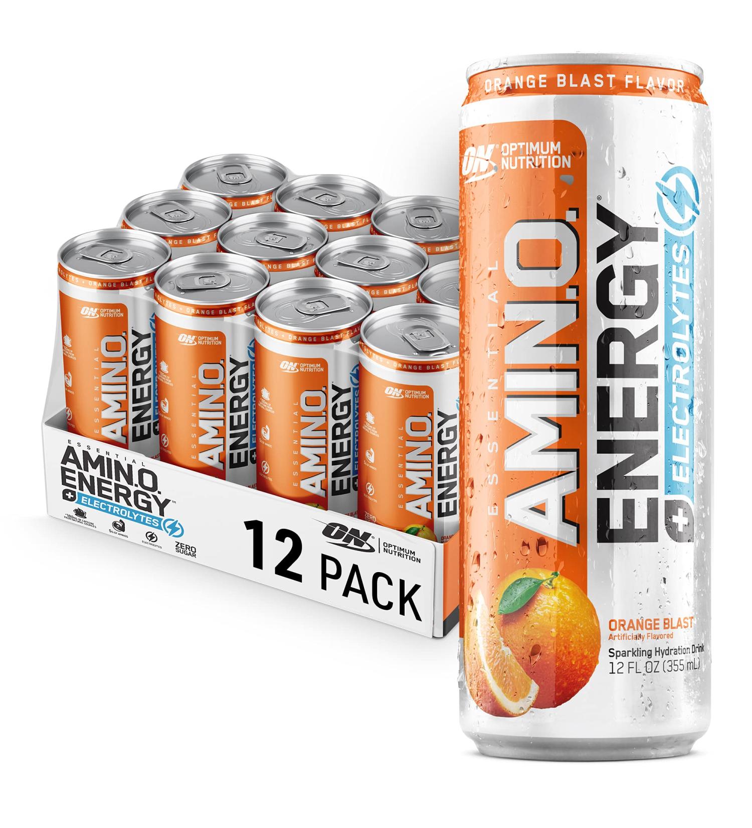 Optimum Nutrition Amino Energy Drink Plus Electrolytes - Sugar Free Pre-Workout & Post-Workout Recovery - Orange Blast 12 Fl Oz (Pack of 12) - Buy Online on GoSupps.com