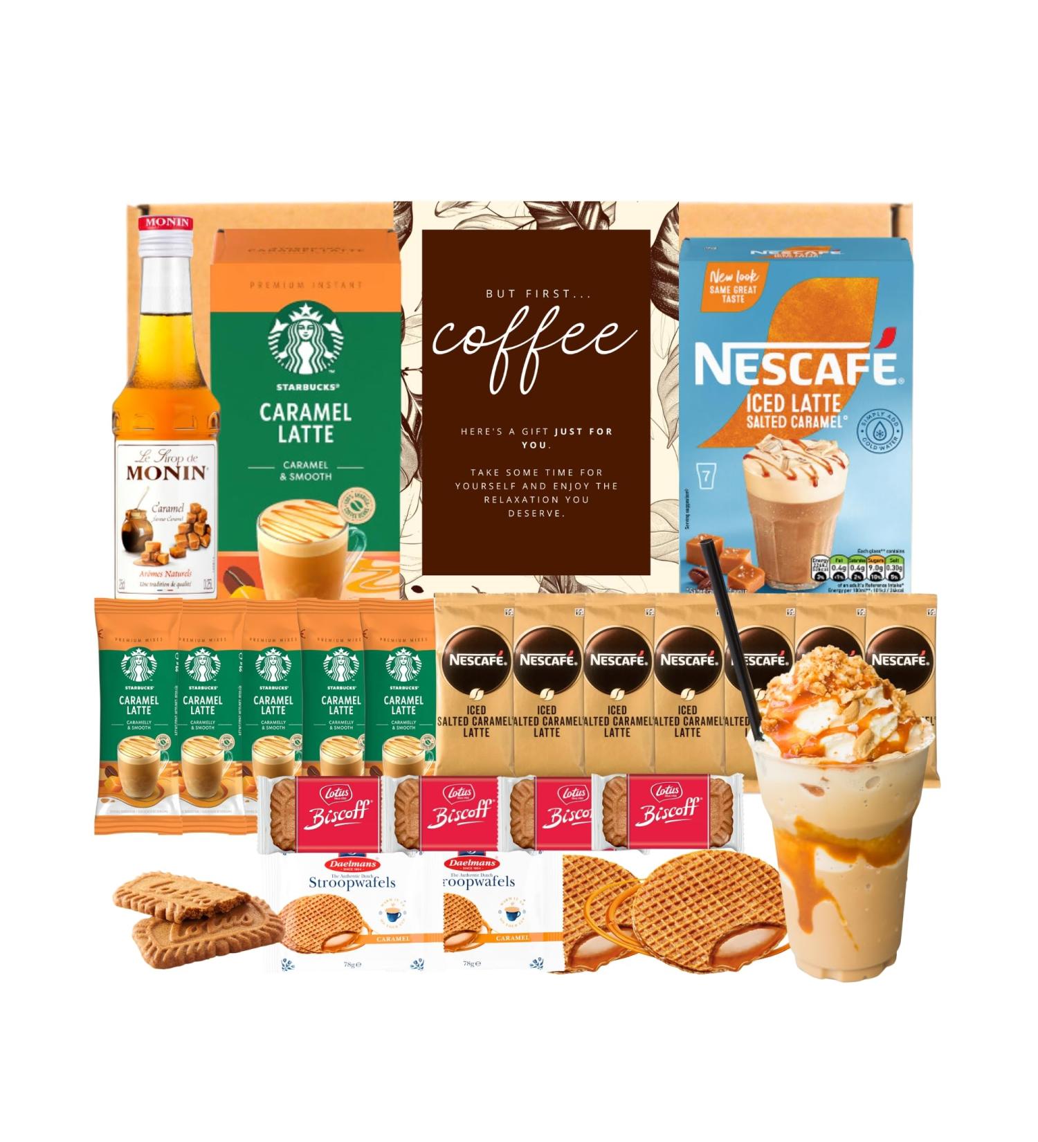 Monin Caramel Coffee Syrup & Biscuit Hamper - Deluxe Coffee Gift Set for Women & Men | Iced Latte, Salted Caramel Biscoff & Stroopwafels - Buy Online on GoSupps.com