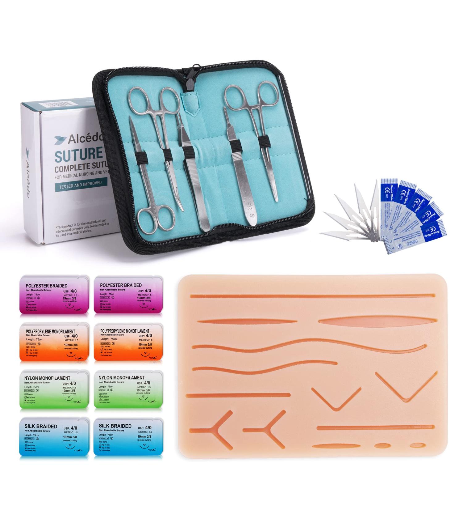 Alcedo Suture Practice Kit for Medical Students - Complete 32-Piece Set with Large Suturing Pad, Tools, and Threads - Ideal for Practice and Demonstration - Buy Online on GoSupps.com