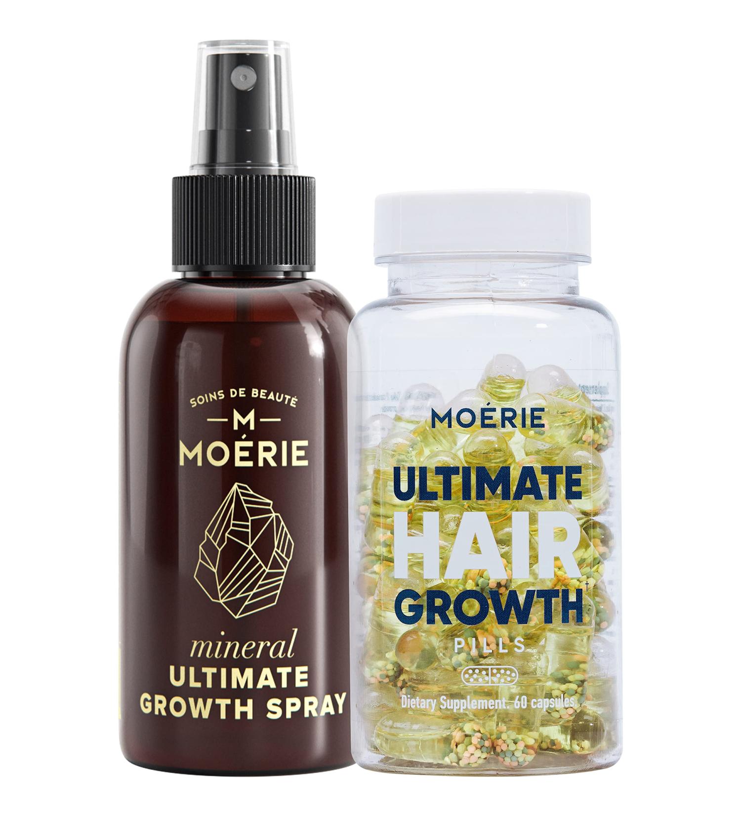 Moerie Ultimate Hair Growth Kit with Spray - Supplement & Serum for Women & Men - Hair Skin and Nails Vitamins With Biotin Q10 & 77 Minerals - For Thicker Fuller Hair & Hair Loss Treatment - 2 items