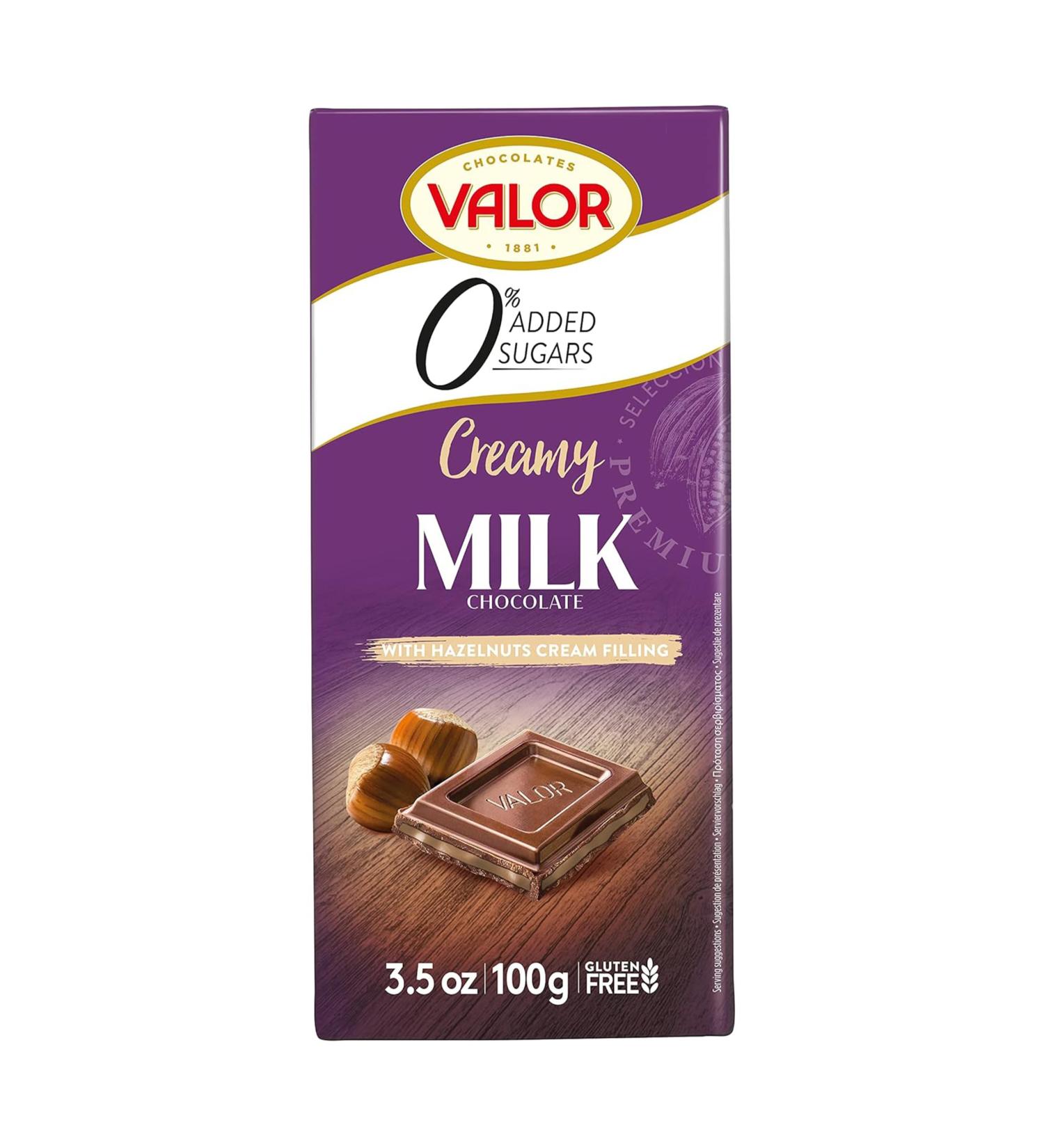 Valor No Sugar Added Creamy Milk Chocolate Bar With Hazelnut Filling 100 grams - Buy Online on GoSupps.com