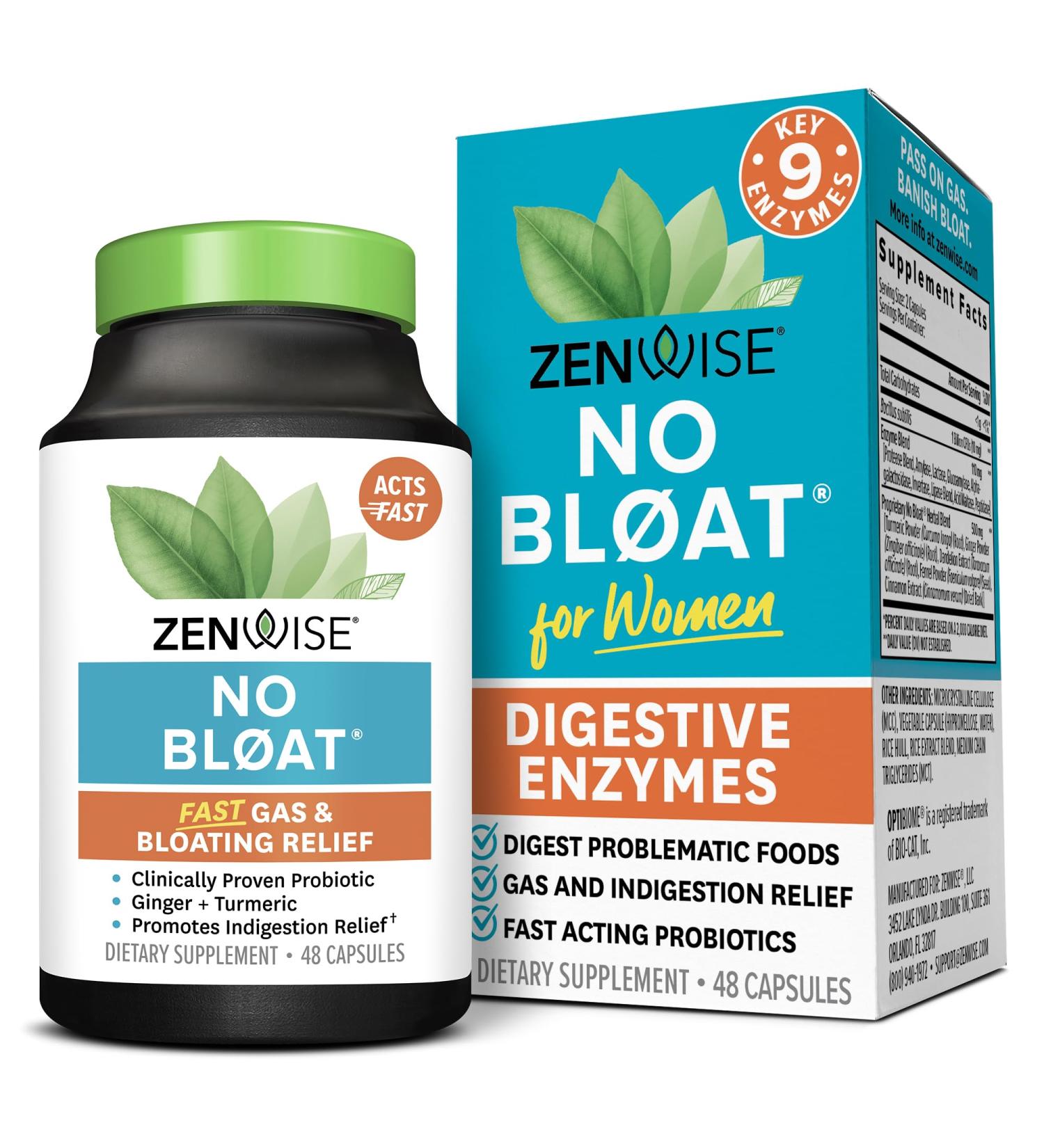 Zenwise Health No Bloat Probiotics for Women and Men Digestive Health with Ginger Dandelion and Lactase Digestive Enzymes for Gas and Bloating Relief - Vegan Water Retention Pills - 48 CT 48 Count (Pack of 1) - Buy Online on GoSupps.com