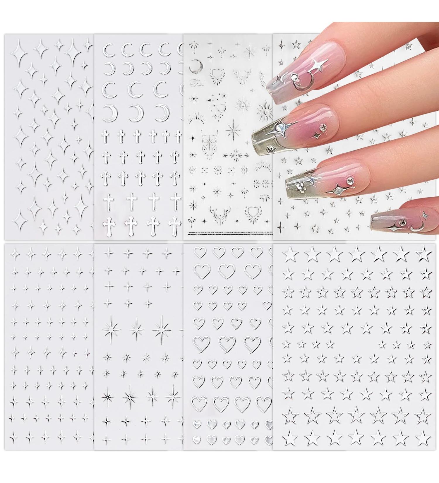 8 Sheets Nail Stickers Self Adhesive Heart Star Moon Pattern Valentines Day Nail Art Decal Silver Nail Supplies Nail Decoration for Women Girls - Buy Online on GoSupps.com