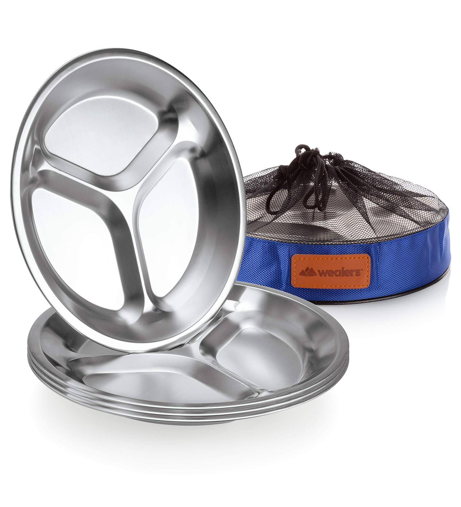 Stainless Steel Plate Set - 8.25 Ultra-Portable Dinnerware Set of 3 Sectioned Plates | BPA Free | Ideal for Outdoor Camping, Hiking, Picnic, BBQ, Beach | Includes Mesh Travel Bag - Buy Online on GoSupps.com