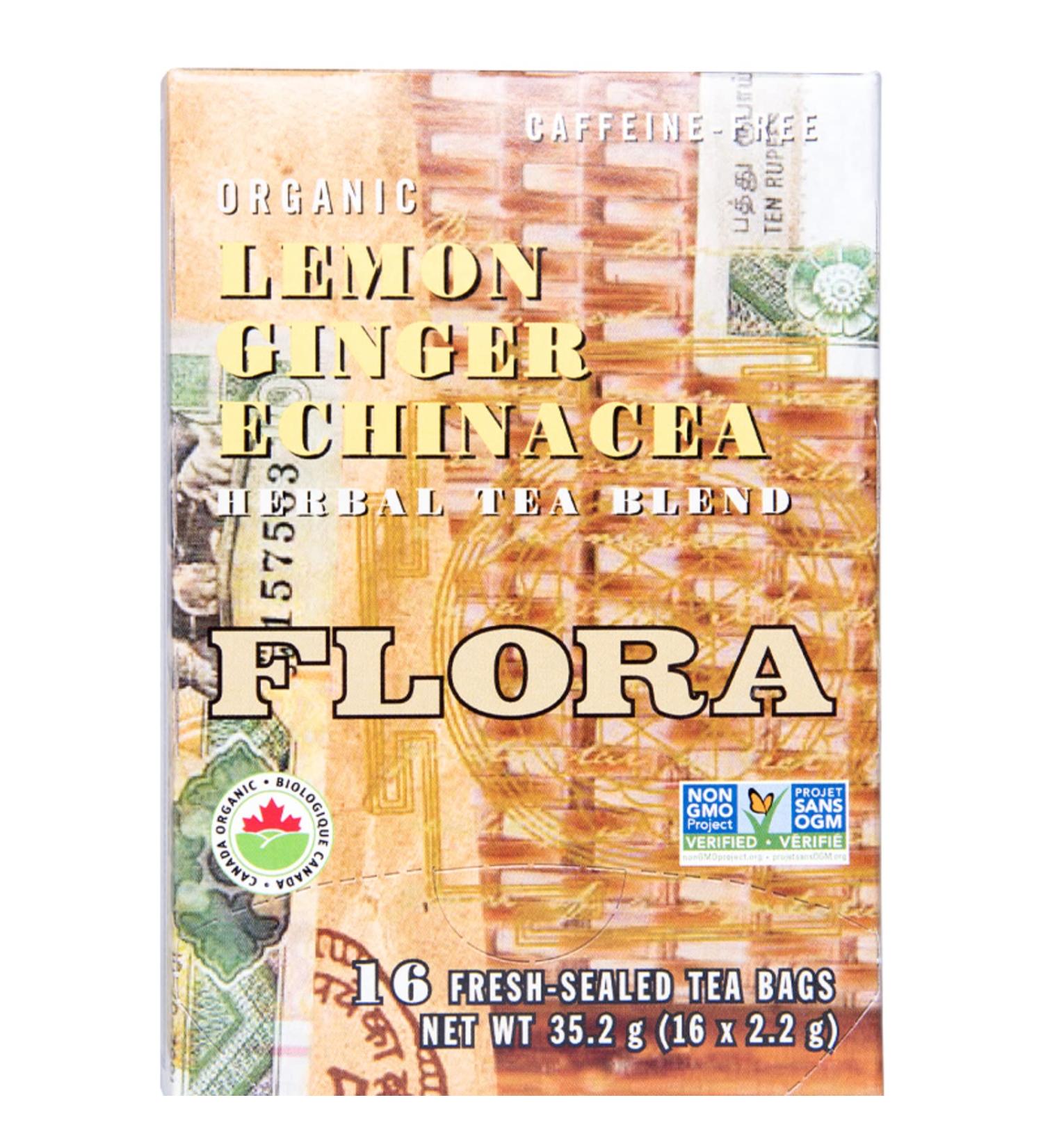 Flora Health Lemon Ginger Echinacea Organic Naturally Caffeine-Free Herbal Tea Kosher Non GMO Project Verified 16 Teabags 35.2g (16 x 2.2g) - Buy Online on GoSupps.com