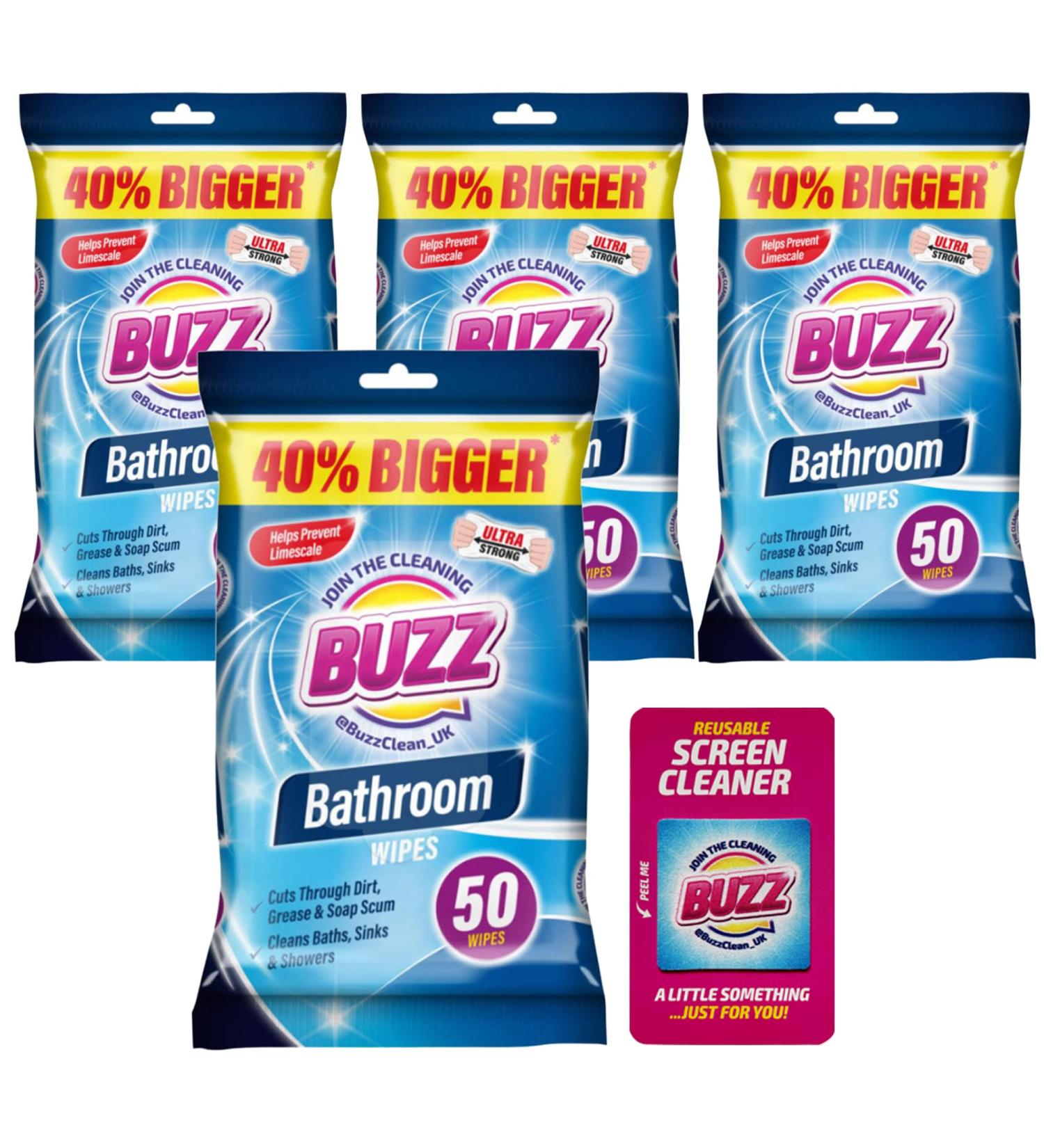 200pk Buzz Bathroom Wipes | Powerful Antibacterial Cleaning Wipes for Bathroom | Removes Soap Scum, Limescale | Large & Strong Toilet Wipes - Buy Online on GoSupps.com