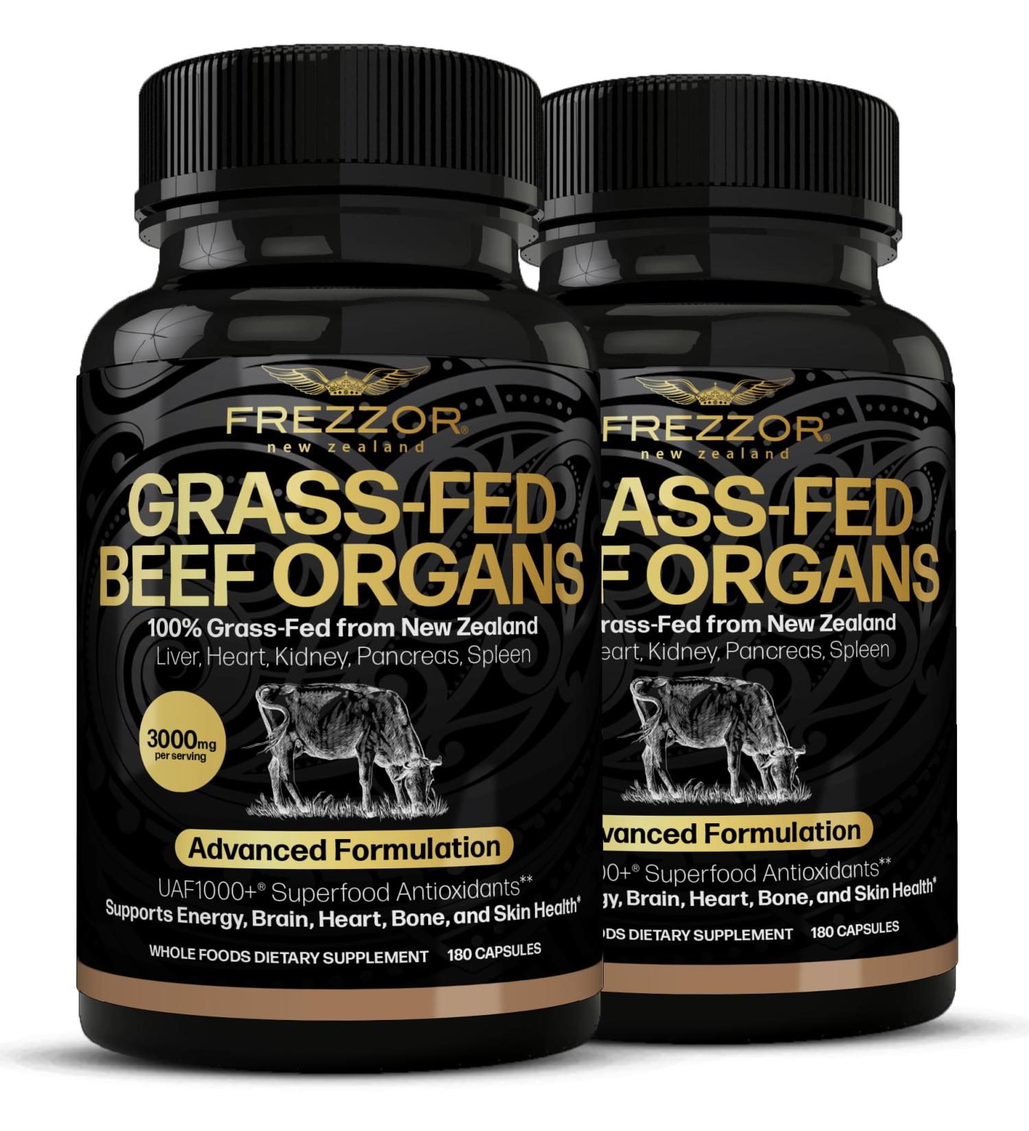 FREZZOR New Zealand 100% Live-Grass-Fed Beef Organs Complex Supports Whole Body Wellness and Energy with Proprietary Blend of Liver Heart Kidney Pancreas & Spleen Non-GMO 3000mg 360 Capsules