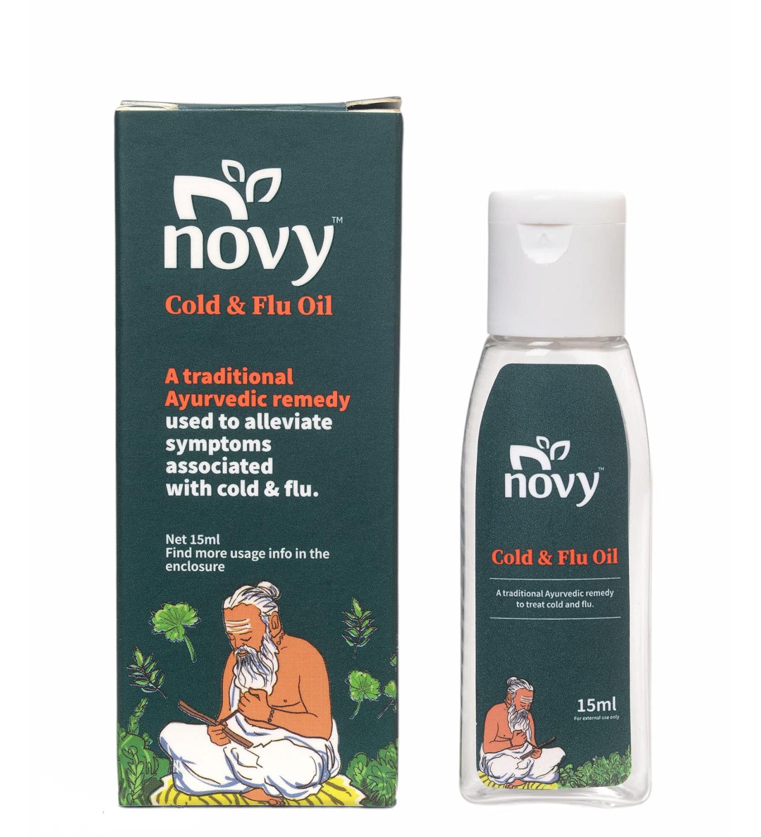 Novy Cold & Flu Instant Relief Oil | 100% Natural | Indian Ayurvedic Herbal Oil | Effective Against Cold Sore Throat Fever Headache Infections | 15 ml - Buy Online on GoSupps.com