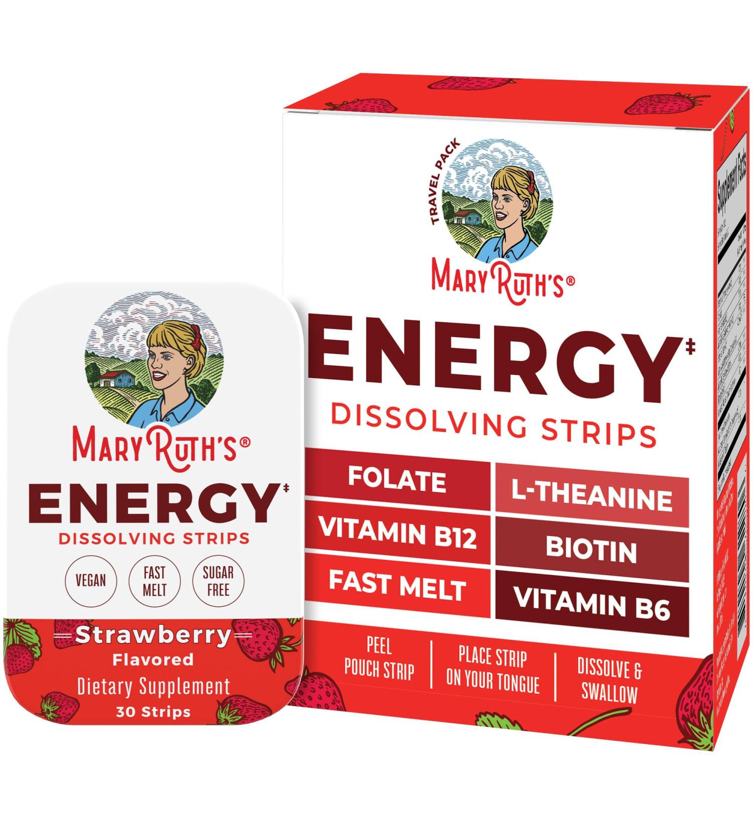 Energy Dissolving Strips by MaryRuth's | Biotin | Vitamin B12 | Vitamin B6 | B Vitamin Complex | Support Energy Levels | L Theanine | Sugar Free | Strawberry Flavor | Vegan | Gluten Free | 30 Count - Buy Online on GoSupps.com